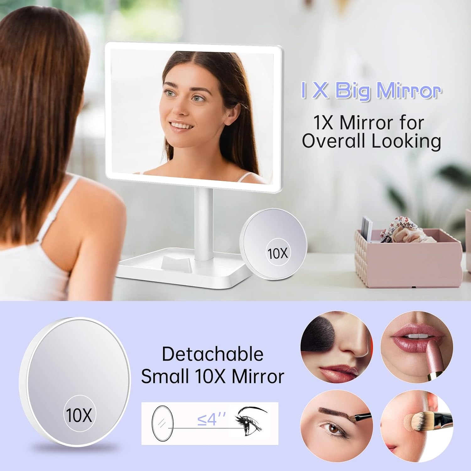 FUNTOUCH Rechargeable Makeup Vanity Mirror with Lights, Large Lighted Desk Makeup Mirror with 96 LED Lights and 10X Magnifying Mirror, 3 Color Lighting, Light up Make up Mirror with Phone Holder image number 4