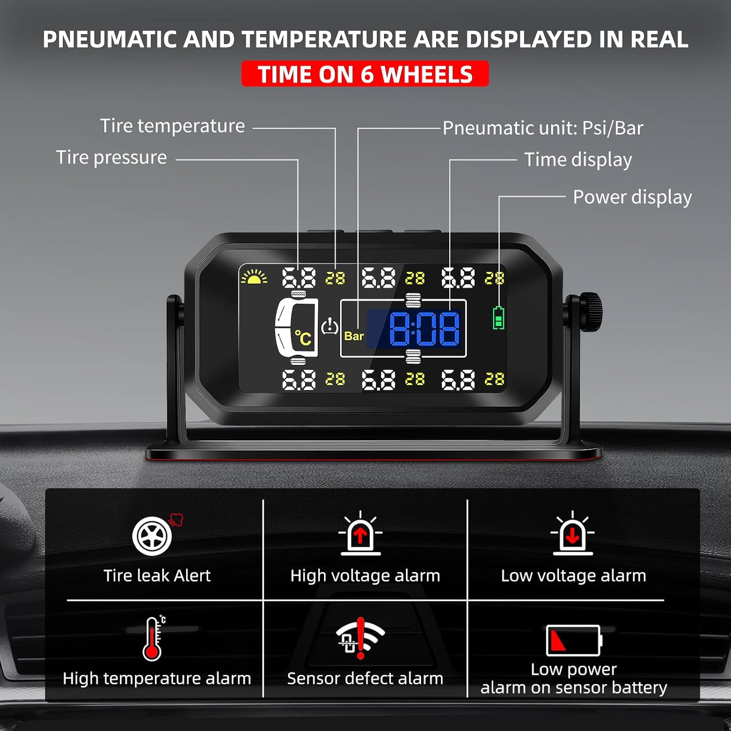 Tyre Pressure Monitoring System, Wireless Solar TPMS with 6 External Sensors, Real-Time Monitoring Pressure &Temperature, Auto Sleep Mode, Tire Pressure Sensors for RV Trailer Truck Pickup(0-144 PSI) image number 3