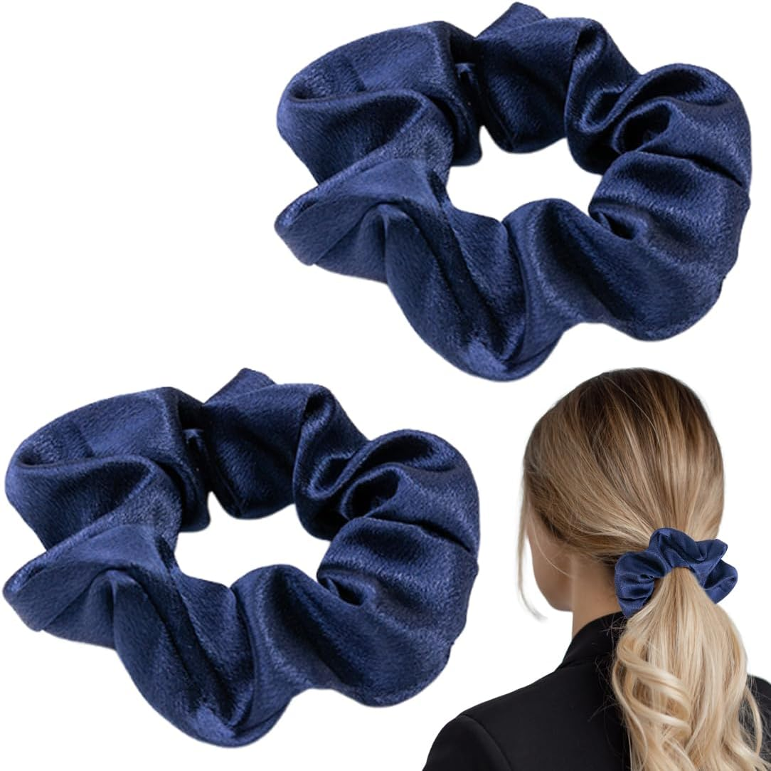 BIRLOZA Pack of 2 Silk Hair Bobbles Women'S Scrunchies Scrunchie Silk Hair Ties Hair Band Satin Hair Rings Elastic Thick Bands for Hair Clip Women Hair Accessories (Dark Blue) image number 2