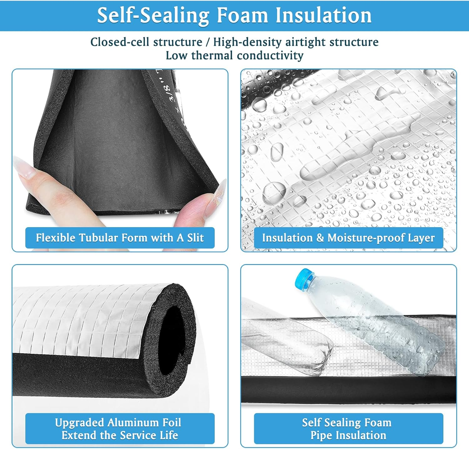 UCINNOVATE 8 Pack 1 Inch Pipe Insulation Foam Tube, 15.7'' Foil Pipe Insulation, 3/8'' TK Foam Tubing Freeze Protection image number 3