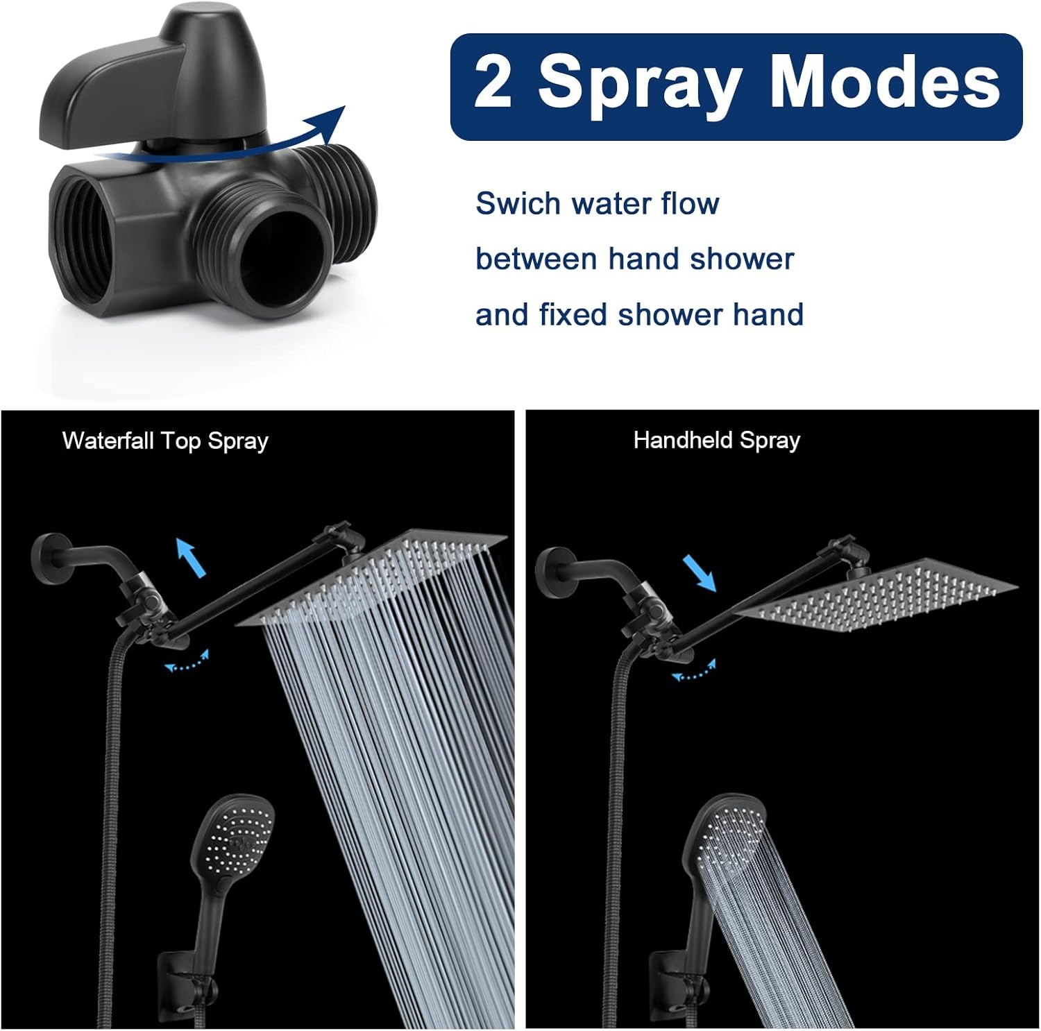 Nearmoon Solid Brass G1/2" Shower Arm, 3-Way Diverter Valve for Handheld and Fixed Spray Head, Bathroom Component for Showerhead Combo T-Adapter (Fixed Nut, Matte Black) image number 4