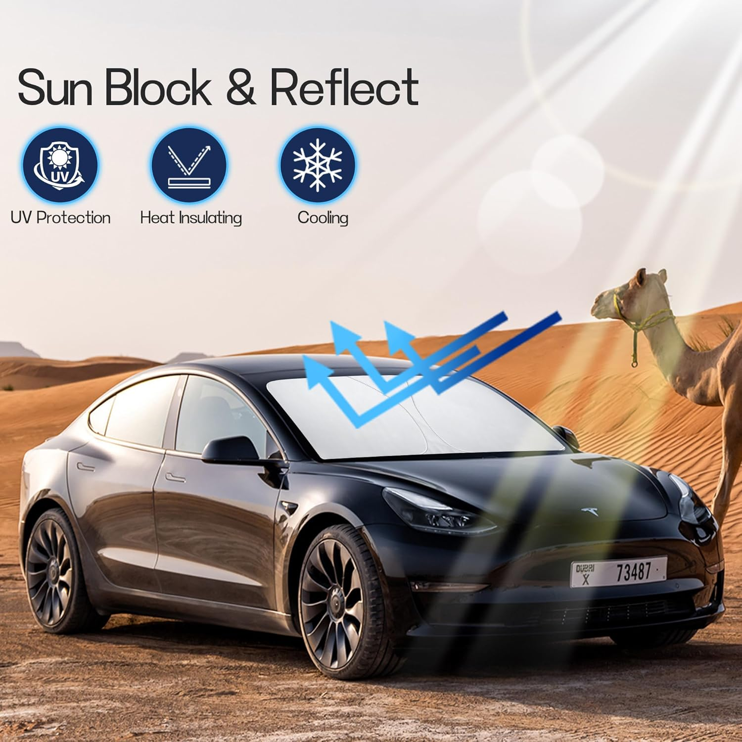 Car Windshield Sunshade for Tesla Model 3/Molde Y 2016-2024, Front Window Foldable Sunshade Sun Heat Protection, Full-Size Front Sun Shade Portable Sun Blocks UV Rays for Tesla Model 3/Model Y image number 2