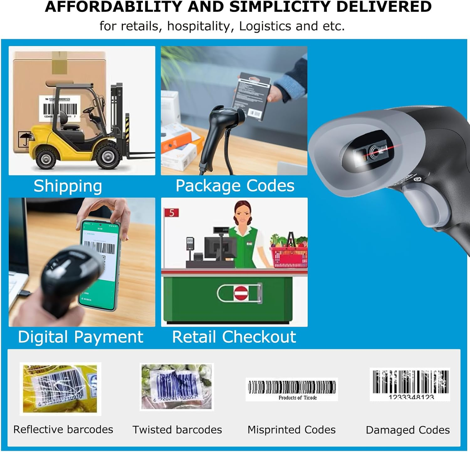 TEEMI 2D USB Barcode Scanner with Stand, 1D/QR Code Reader for Inventory, Handsfree Scanning Gun for Warehouse, Library, Supermarket &ndash; Supports Virtual COM Port