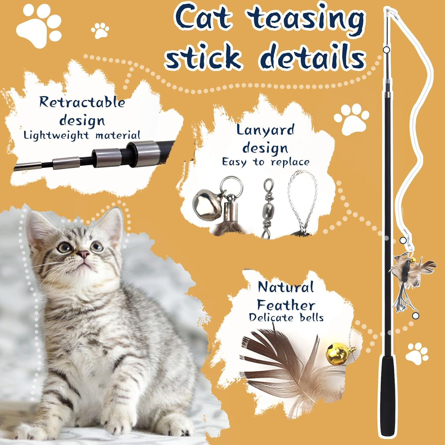 LELE LIFE 1.78M Cat Toys for Full Fun, Interactive Cat Toy for Indoor Cats, 2 Retractable Poles and 8 Cat Feather Toys, Bell Teaser Refills