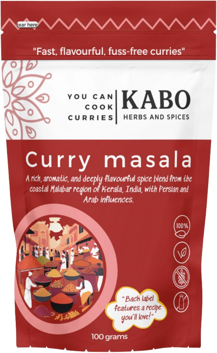 KABO Curry Masala 100G (3.52Oz) &ndash; Authentic Indian Spice Blend Complete Mix, No Onion or Tomato Prep Needed for Meats, Vegetables, Paneer, Lentils & Egg Medium Heat, 100% Natural, Vegan, No Additives, Ziplock Pouch