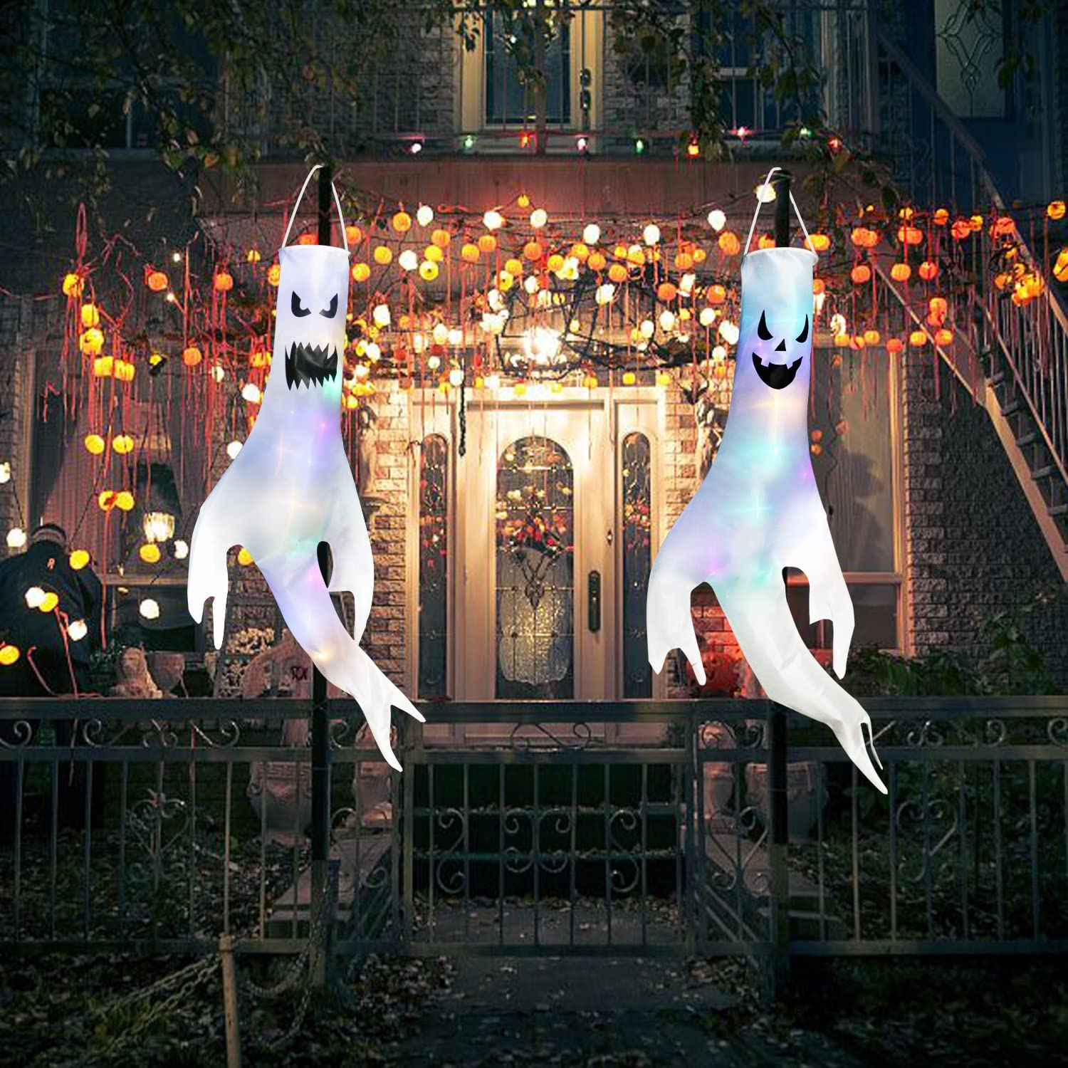 Halloween Decorations,2 Pack 57''Halloween Inflatables Glowing Hanging Flags Decor,Halloween Outdoor Decorations Ghost Windsocks with LED Light,Halloween Yard Decorations for Party Indoor Outdoor image number 6
