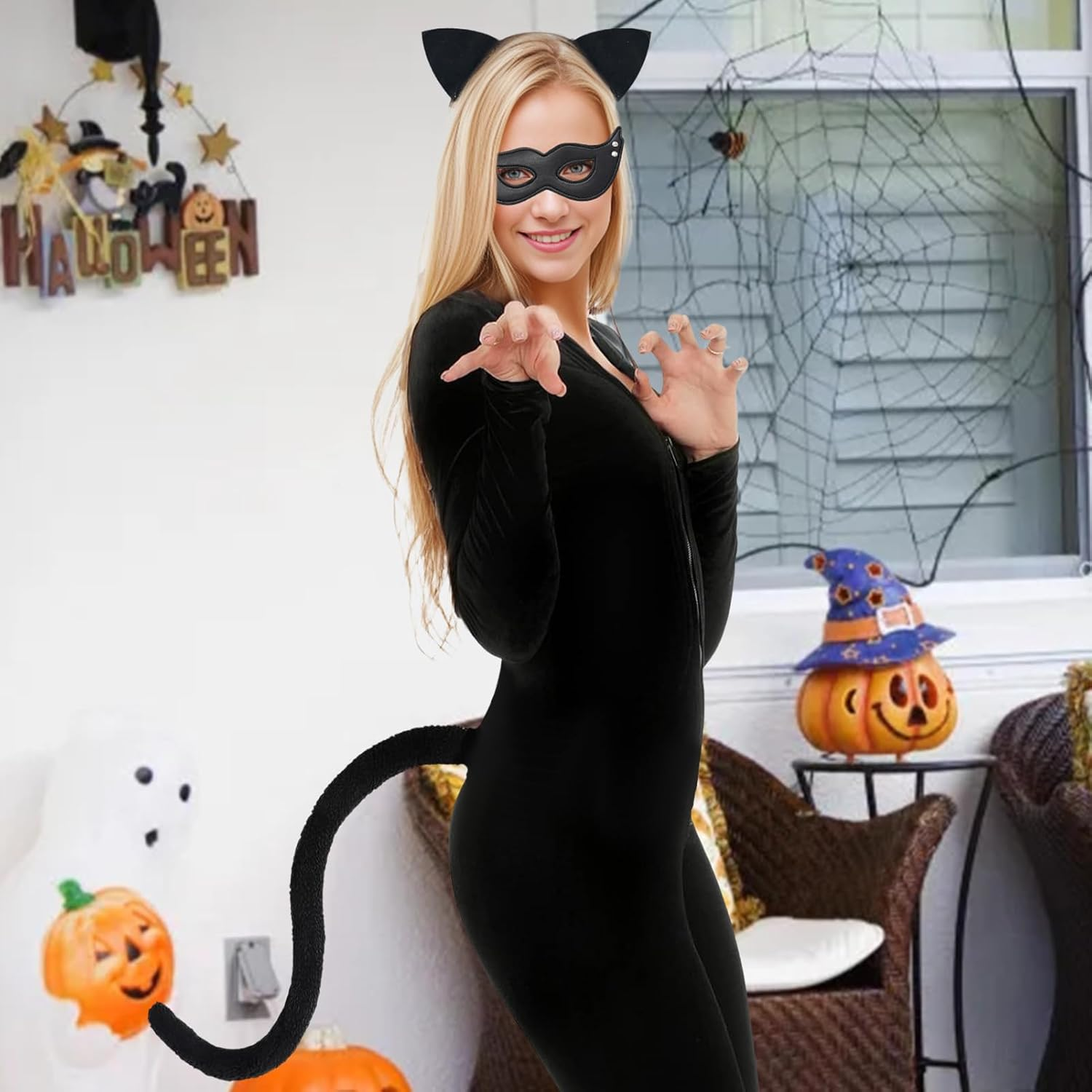 Joyesplay Catwoman Costume for Women,Black Catsuit Jumpsuit,6Pc Catwoman Halloween Costume Set with Black Mask,Headband,Bow Tie,Tail,Gloves, Anime Cosplay Accessories image number 6