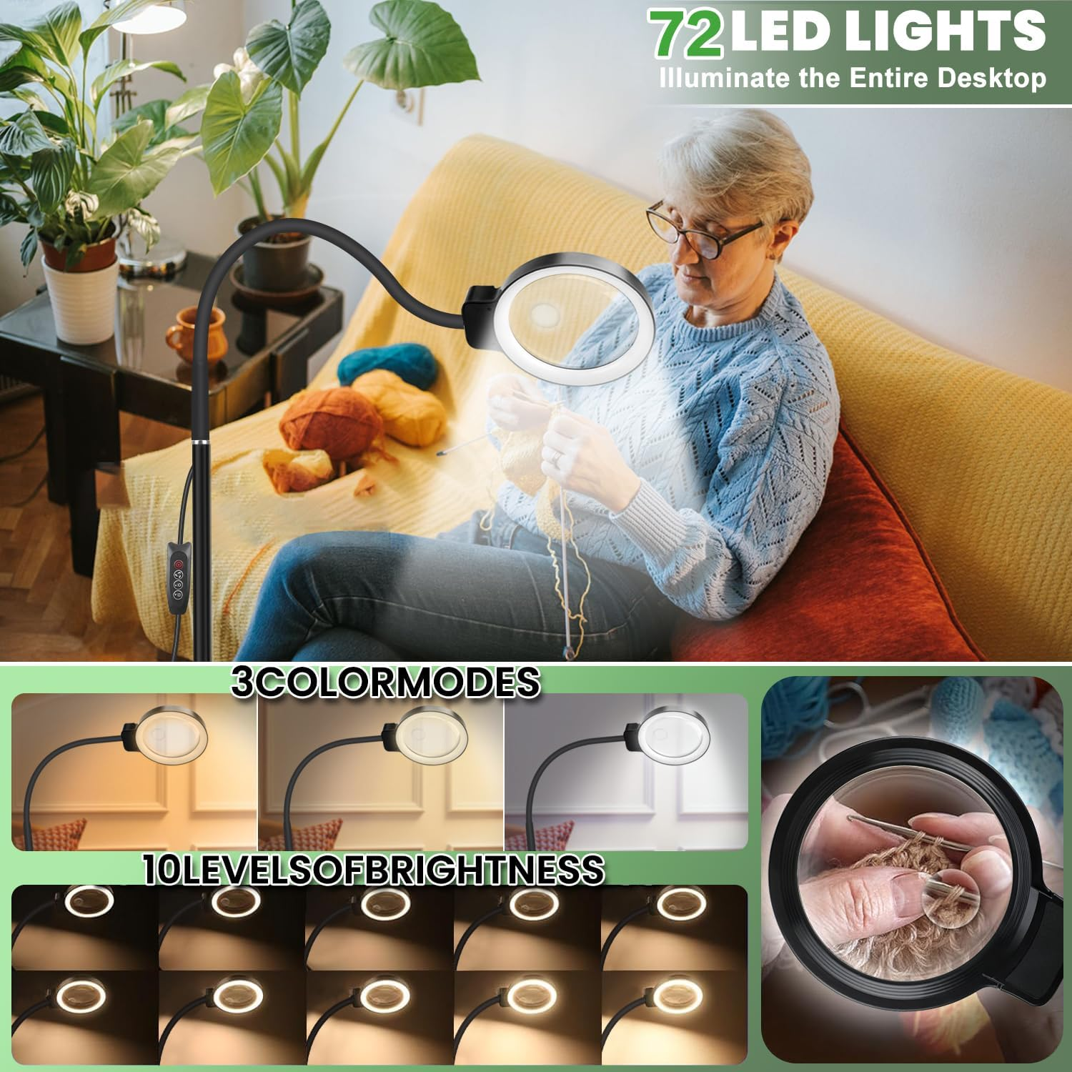 Magnifying Floor Lamp with Stand 10X 20X Magnification, 72 LED Flexible Gooseneck Light, 3 Color Modes, Adjustable Brightness, Dimmable Magnifier Glass for Repair, Sewing, Crafts image number 3