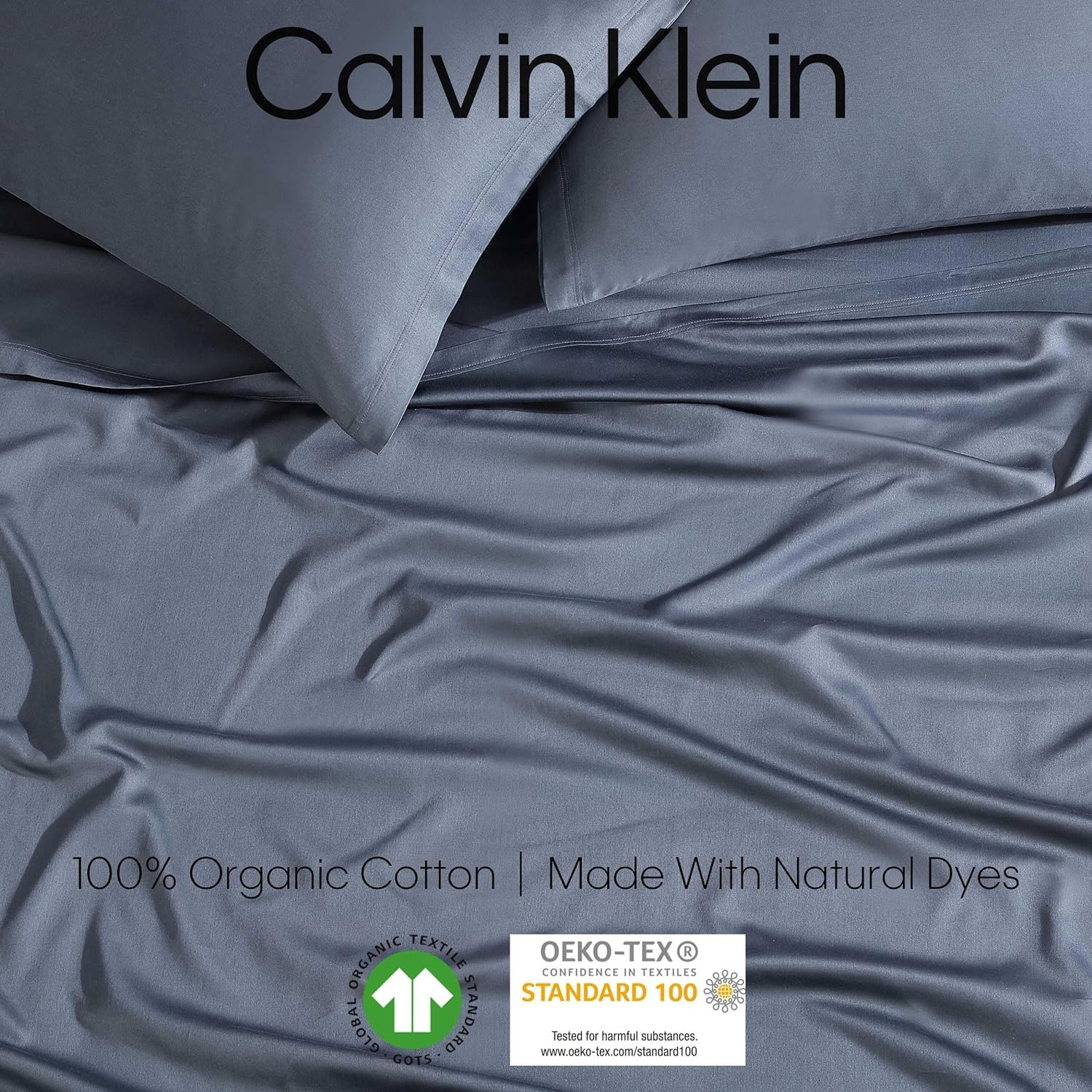 Calvin Klein - King Sheets, Organic Cotton Sateen Bedding Set, Luxuriously Soft Home Decor, GOTS Certified (Organic Earth Midnight Blue, King) image number 7