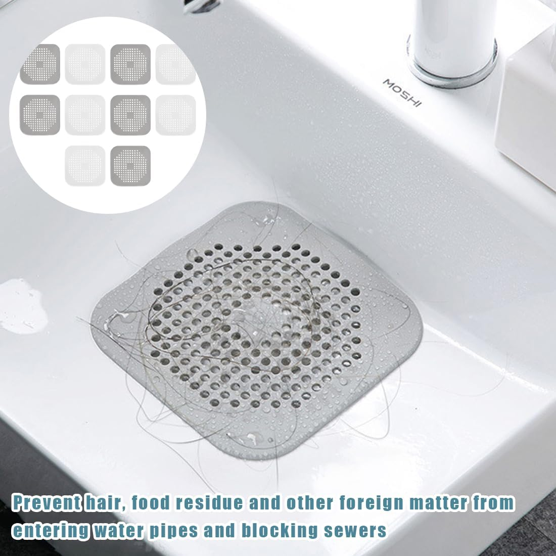 NHQZ Pack of 10 Drain Hair Catchers Made of Durable Silicone Cleaning for Bathtub and Kitchen Grey + White image number 4