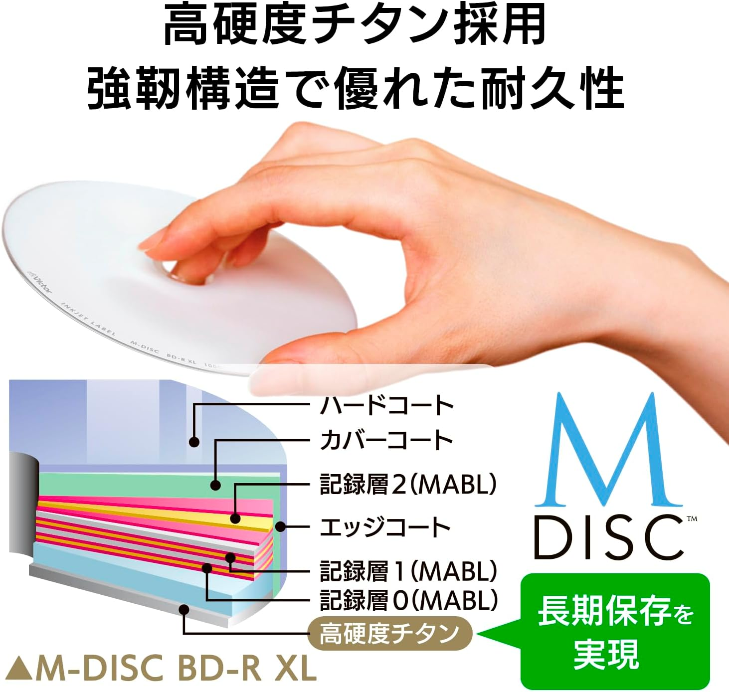 Victor M-DISC VBR520YMDP10J1 Long-Term Storage Blu-Ray Disc for Single Recording BD-R XL 100GB (520 Minutes) 10 Sheets Compatible with Inkjet Printers, 3 Layer on One Side, 2-4X Speed