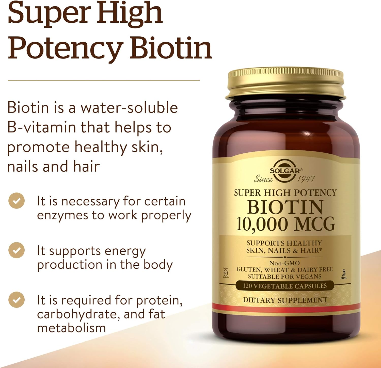 Solgar &ndash; Biotin 10,000 Mcg, 120 Vegetable Capsules &ndash; Supports Healthy Skin, Nails and Hair