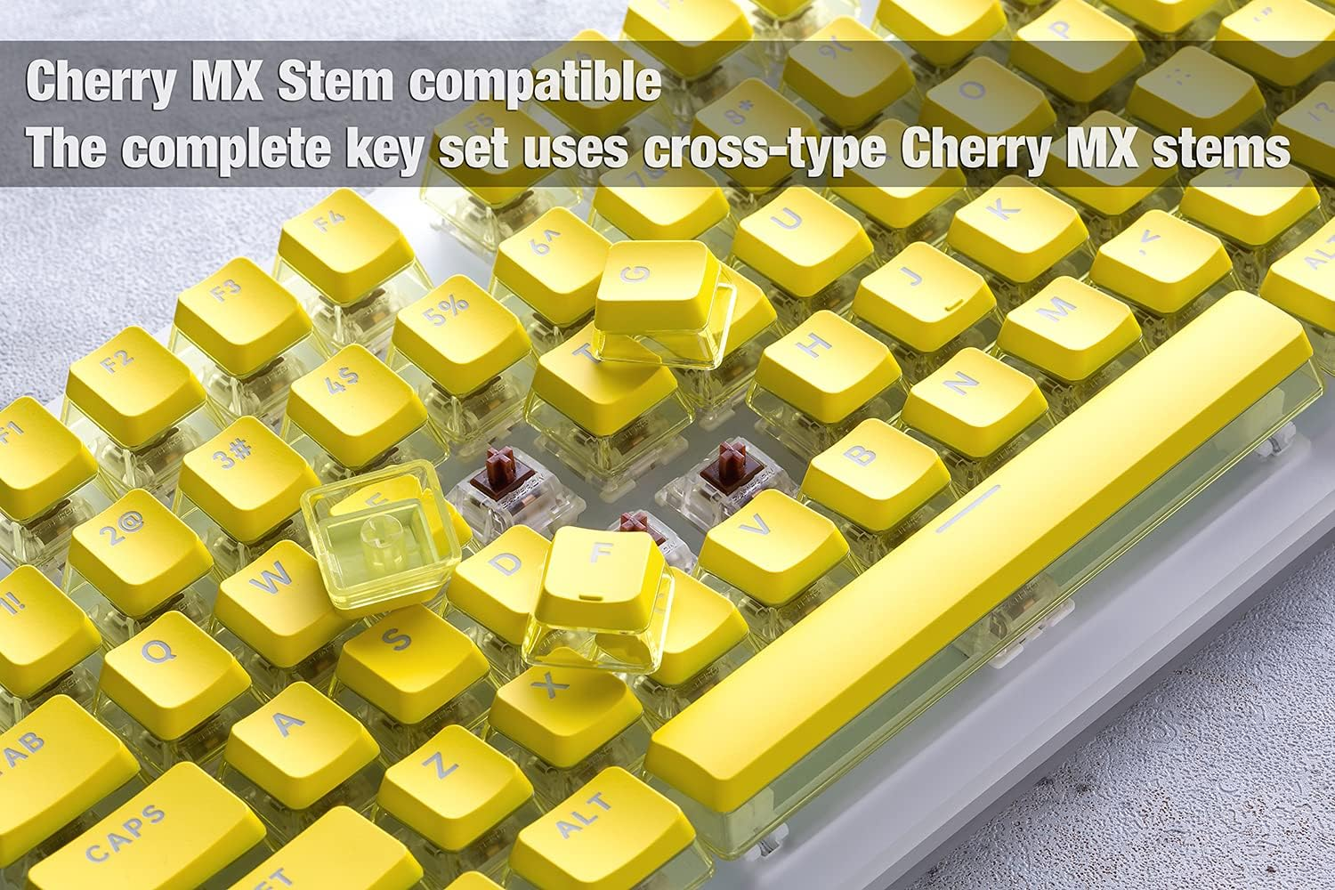 Gunmjo Crystal Pudding Keycap for Gaming Keyboard with Cherry MX Switches, ABS Translucent Keycaps for Backlit Mechanical Keyboard, OEM Profile 104 Keys with 6.25U Space Bar, Painted Yellow Color image number 2