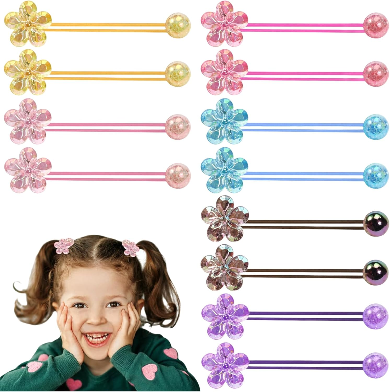 Yeomju Pack of 12 Ball Charm Hair Bobbles for Girls, Colourful Ball Petal Beads, Hair Bobbles with Balls, Shameless Ponytail Holder for Toddlers, Girls image number 3