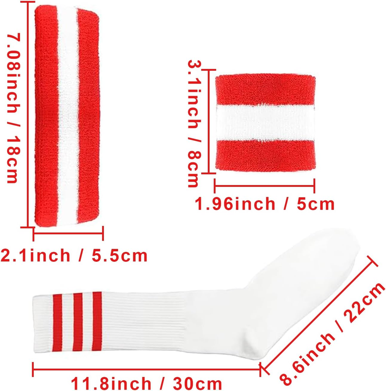 10 Pieces Red and White Striped Socks and Sweatbands Set, 80S Costume Accessories for Women and Men, Soft Breathable Cotton Material, Compatible with Sports and Fitness by Ruibex image number 4