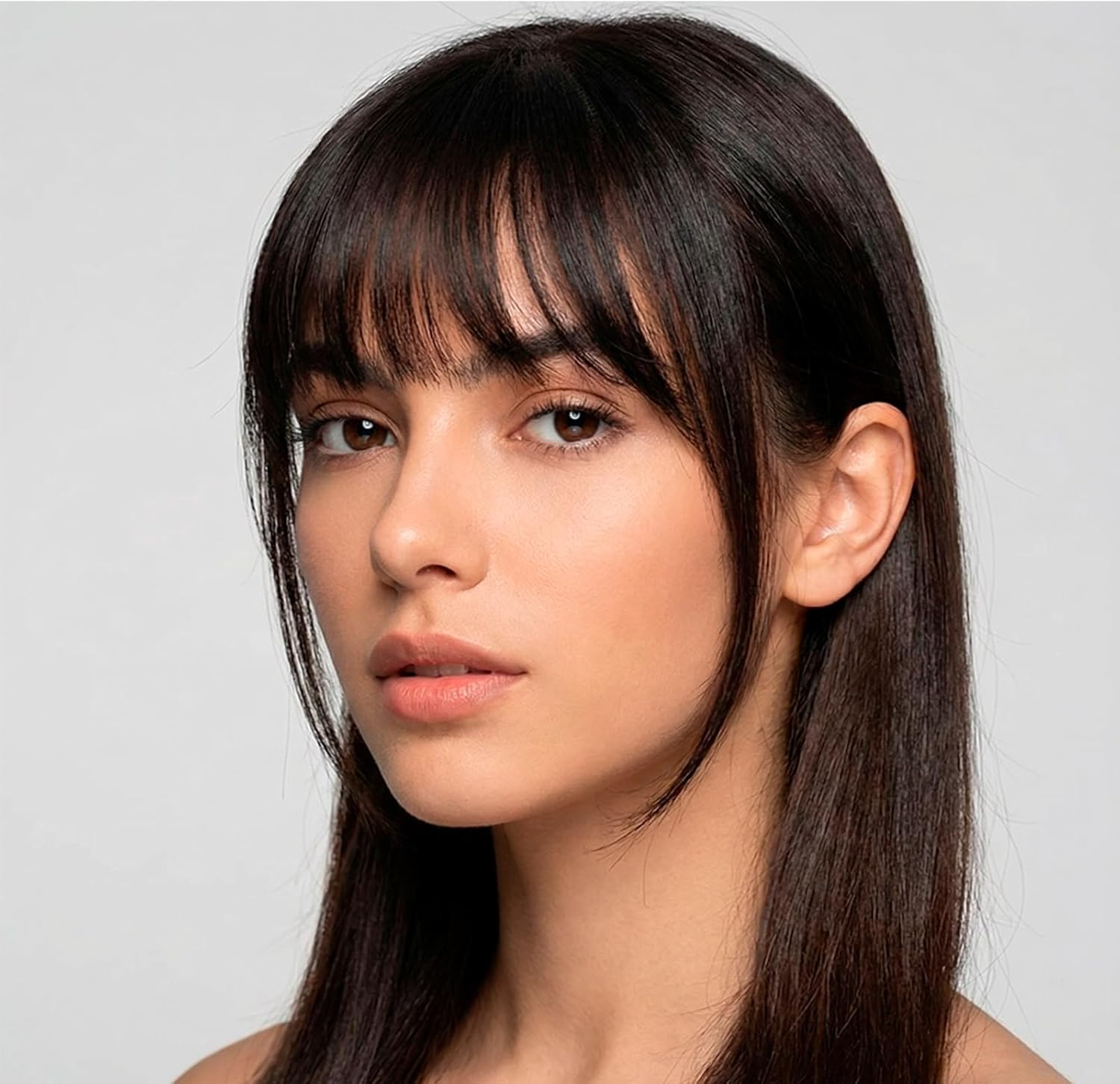 Luzcauwy Clip in Bangs Hair Extensions Medium Brown Human Hair, One Piece Fringe Hairpiece with Temple, Natural Air Bangs for Women, Easy to Wear and Blend image number 4