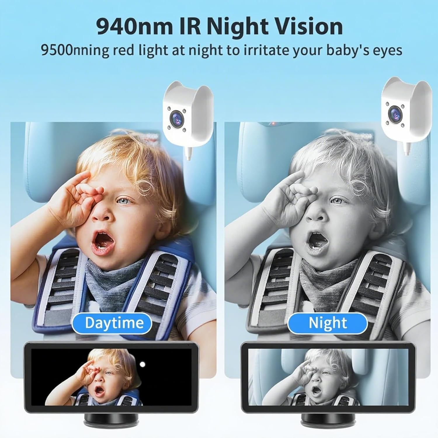 Dual Baby Monitor 2-Kids, 7'' Split Screen Baby Car Camera 2 Cameras, Baby Car Monitor Can Be Bent at Will, Ultrawide Baby Camera No Wifi with Night Vision image number 4