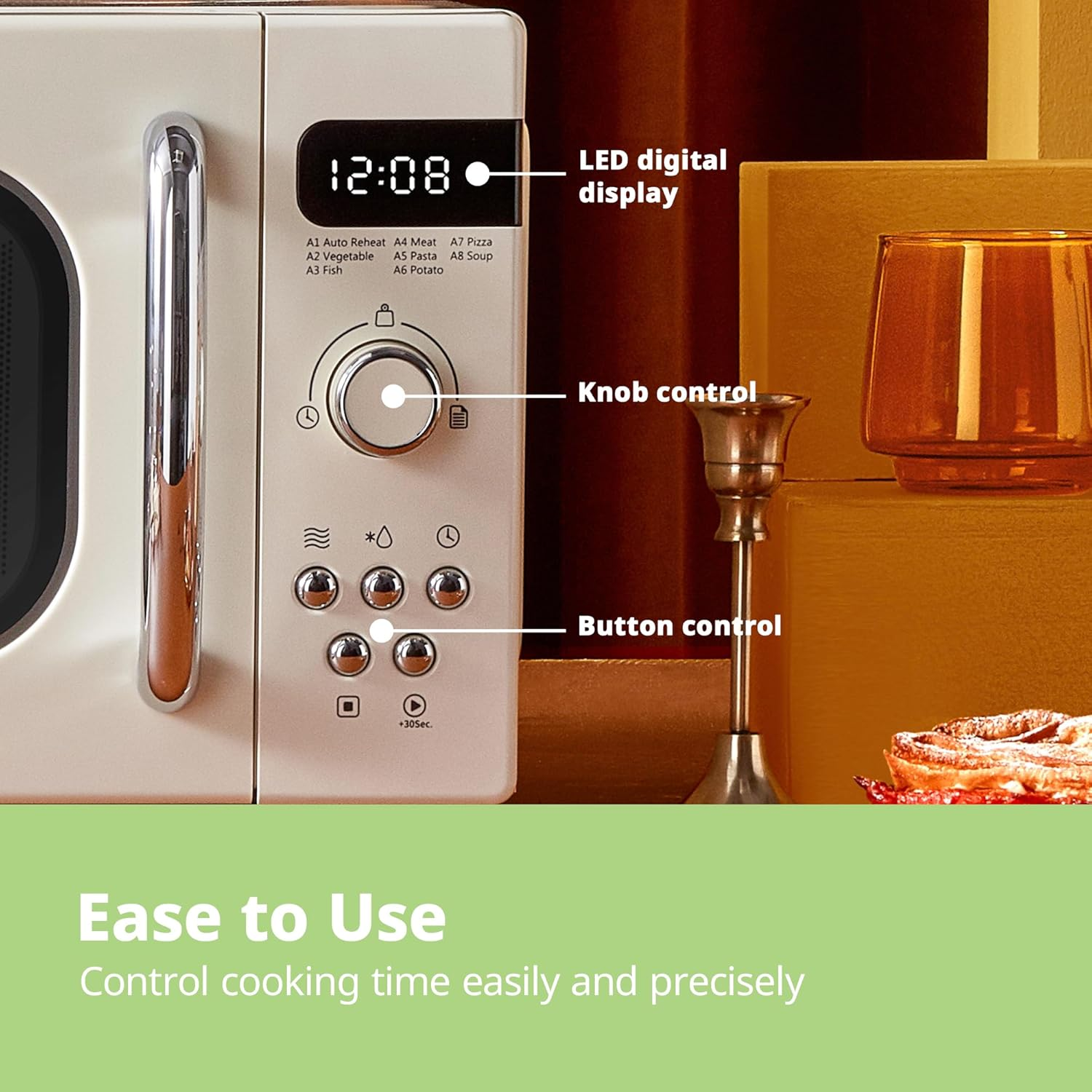 COMFEE' Retro Style 800W 20L Microwave Oven with 8 Auto Menus, 5 Cooking Power Levels, and Express Cook Button - Apricot Cream - CM-M202RAF(CM) image number 7