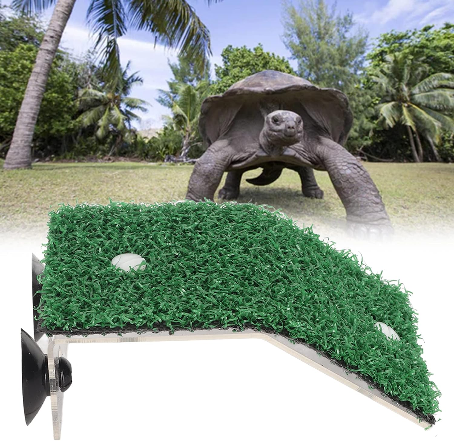 Small Turtle Basking Platform, Simulation Grass Turtle Ramp Reptile Ladder Resting Terrace Fish Tank Aquarium Turtle Dock with Suction Cup for Small Reptile Frog Terrapin (M) image number 1