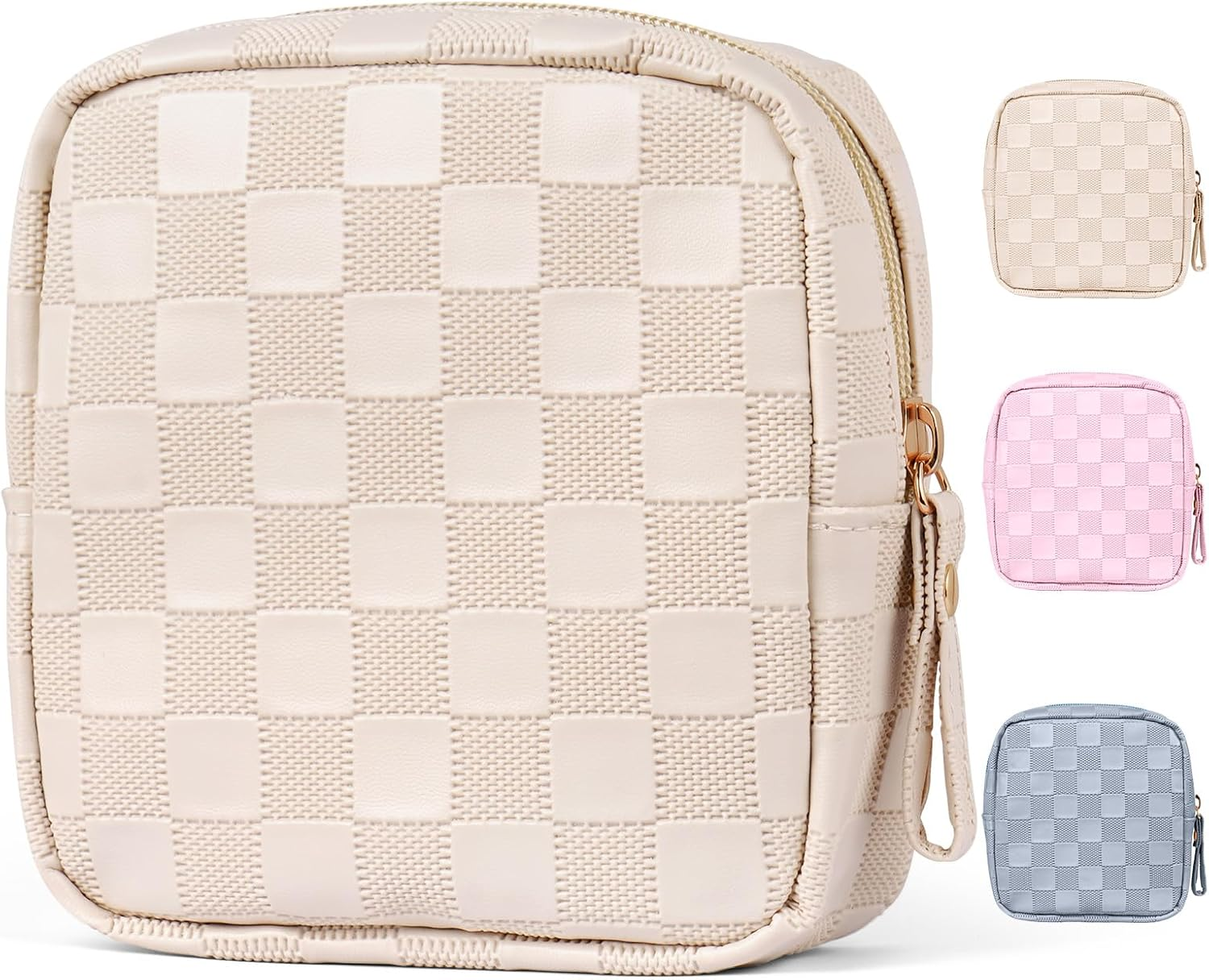 MAGEFY Small Makeup Bag for Purse, Checkered Makeup Bag Small Pouches for Purse Leather Mini Make up Bag Cute Cosmetic Bag for Women with Slip-In Pockets (Beige)