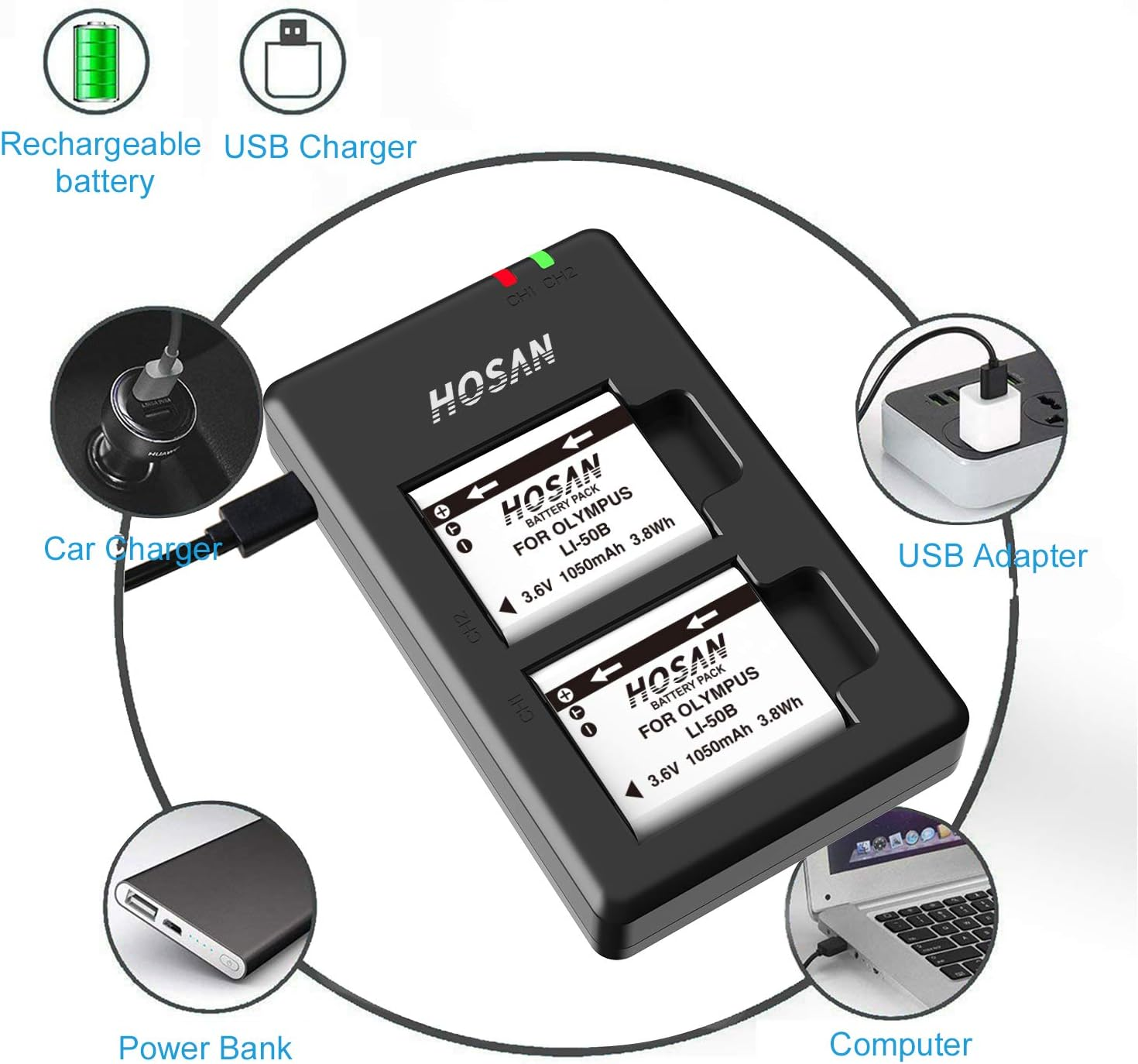 LI-50B Battery (2 Pack) and Dual USB Charger Kit for Olympus Li-50B, Pentax D-Li92,Ricoh DB-100, SP-720UZ, SP-800UZ, SP-810UZ, Olympus SZ-10, SZ-12, SZ-15, SZ-16, SZ-20, SZ-30MR, SZ31MR image number 1