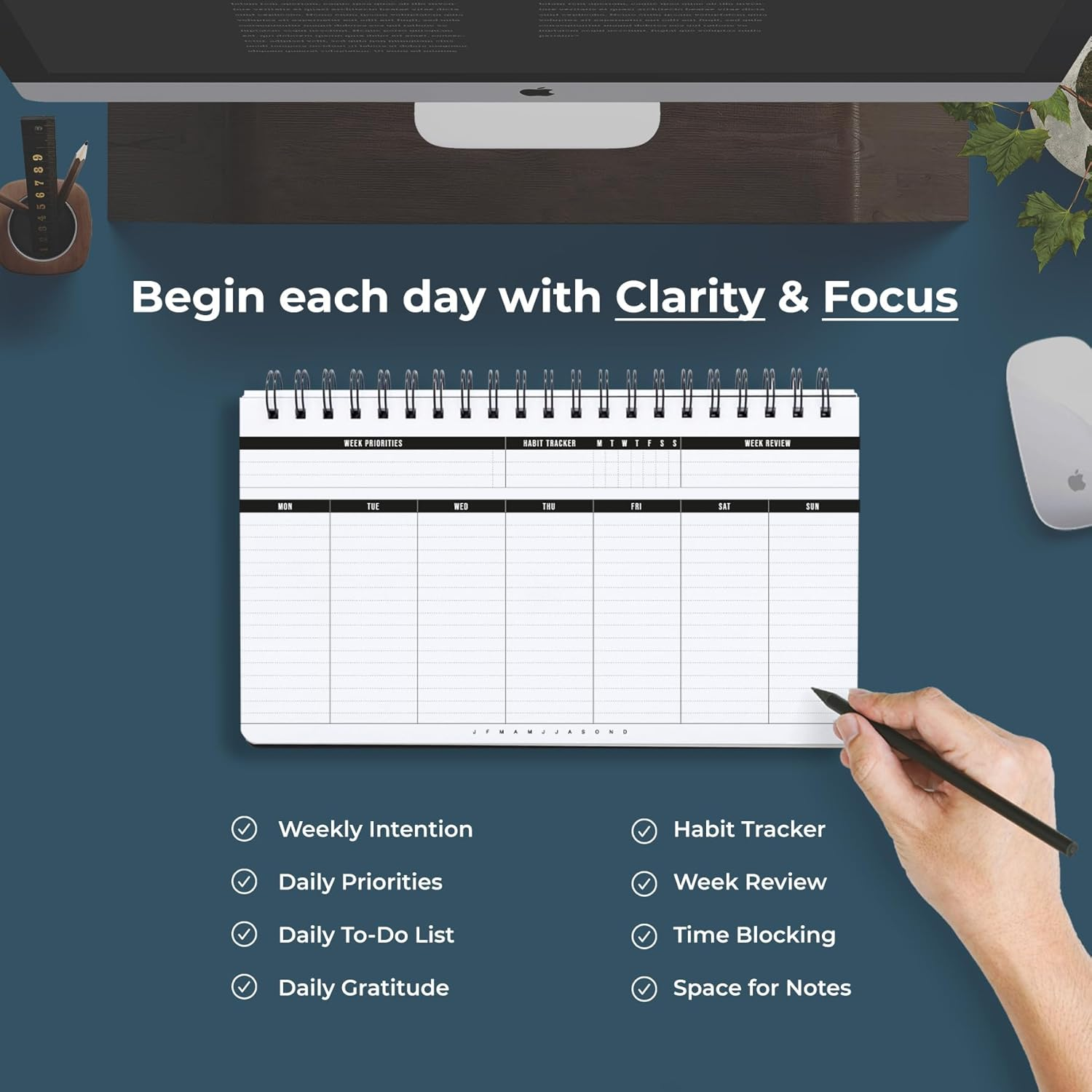 2026 Weekly Planner | Undated Daily Monthly Productivity Pad with Habit Tracker, Weekly to Do List & Free Pen | Spiral-Bound Desk Organizer Notepad for Adhd, Work, College & Home | Lasts 1 Full Year image number 1