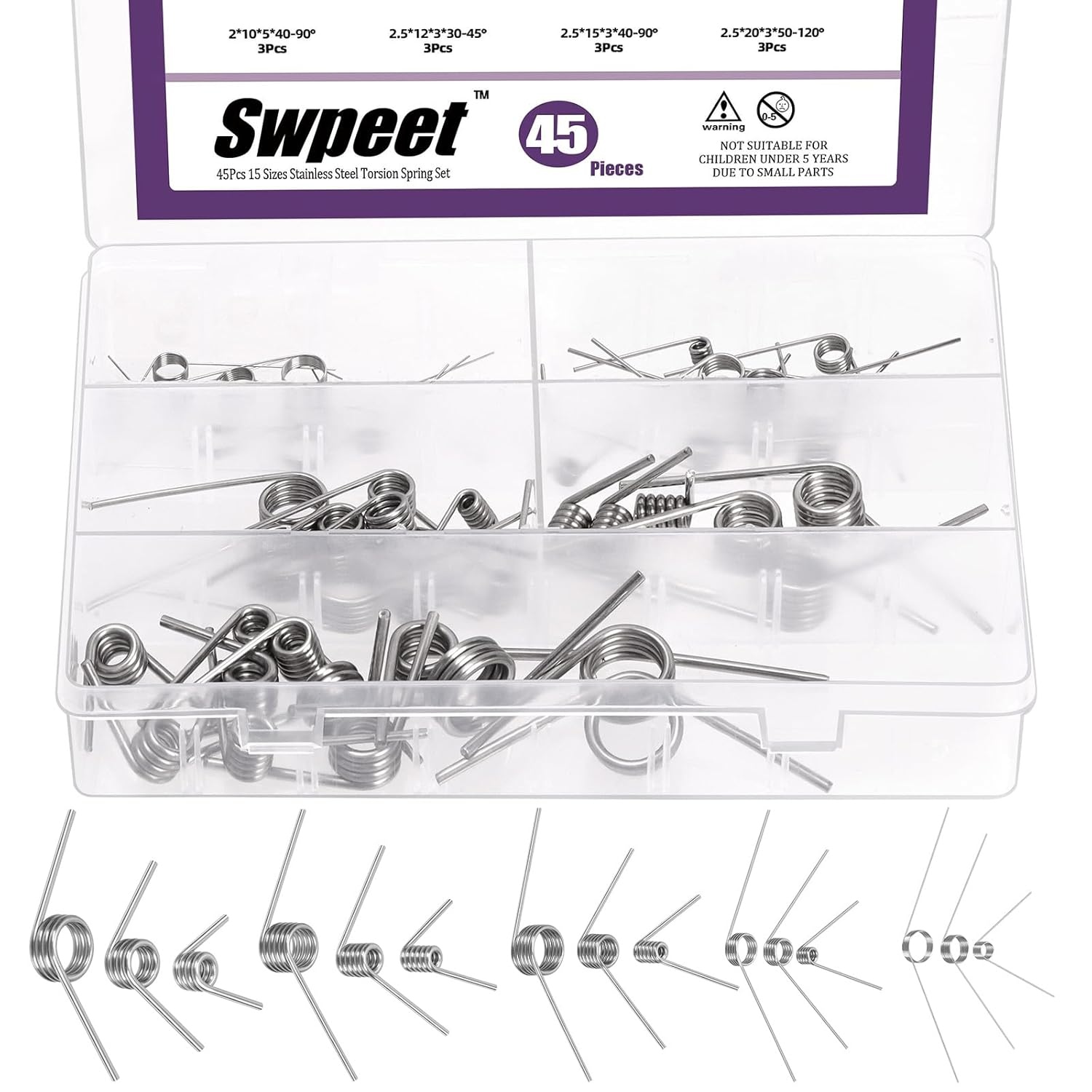 Swpeet 45Pcs 15 Sizes 45/90/120 Degree Stainless Steel Torsional Springs Assortment Kit, Mechanical Small Torsion Spring for Home Repair Woodworking DIY Project image number 2