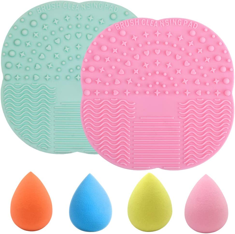 Set of 6, Silicone Makeup Brush Cleaning Mat and Makeup Sponge, Sourceton 2 PCS Leaves Shape Makeup Brush Cleaner Pad and 4 PCS Foundation Blending Sponge (Assorted Colors) image number 3