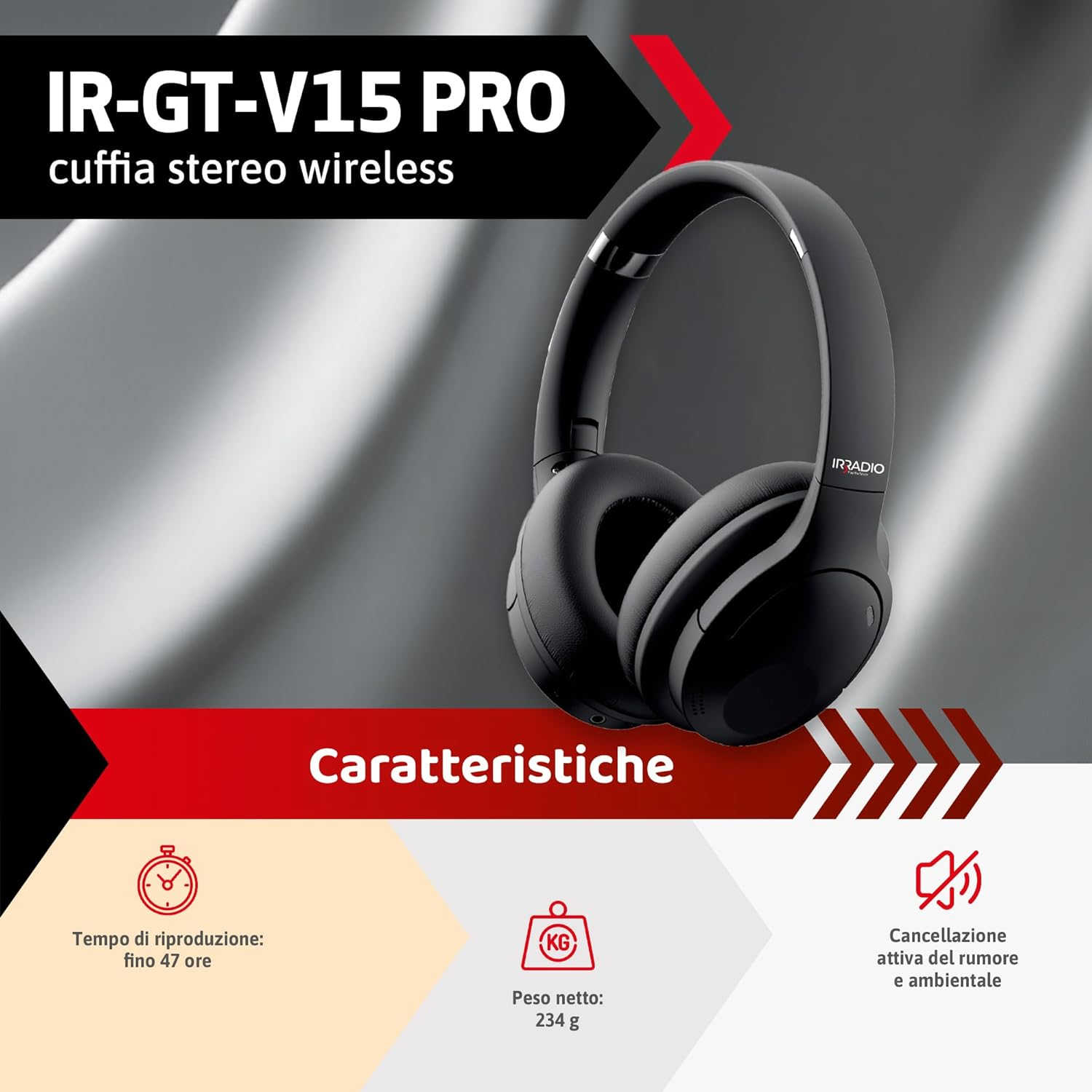 IRRADIO IR-GT-V15 PRO Wireless Hifi Headphones with Hybrid ANC Bluetooth 5.3 Transparent Audio Foldable Long Run Time Sport Design Soft Touch Surface Active Noise Cancelling