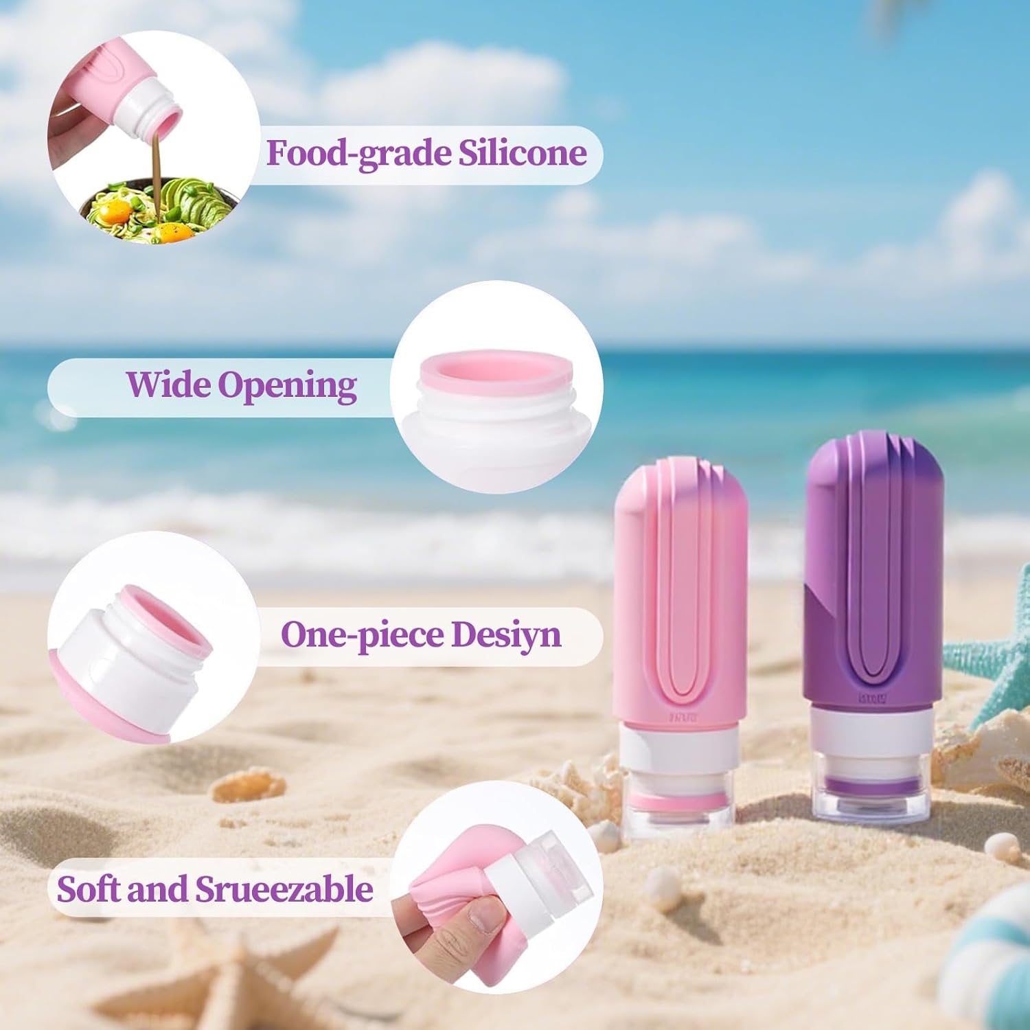 Travel Bottles for Toiletries, 90Ml Portable Travel Bottles with Clear Zipper Toiletry Bag, Reusable Squeezable Bpa-Free Silicone Containers for Shampoo, Conditioner, Lotion, Travel Essentials(Purple) image number 5