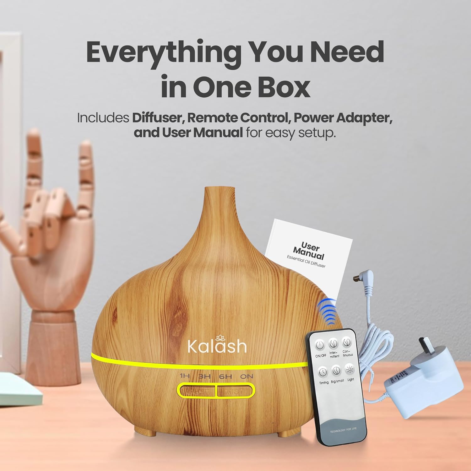 Kalash 500Ml Essential Oil Diffuser &ndash; Aroma Diffuser with Remote & Timer, Ultrasonic Cool Mist, Electric Air Diffuser for Home, Office & Bedroom &ndash; Wood Grain, Colour Changing LED, Light Wood image number 5