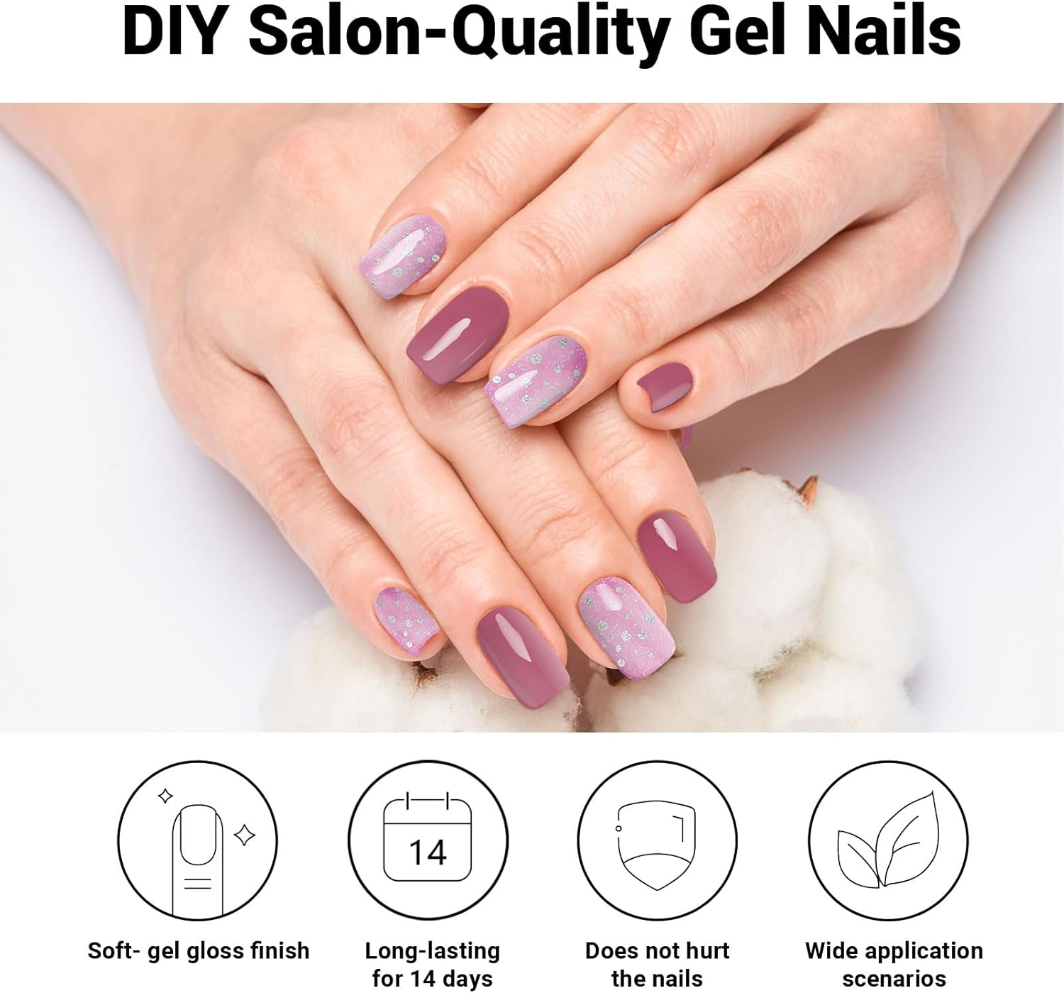 Semi Cured Gel Nails Strips 28 Stickers Nail Wraps Soft Self-Adhesive Gel Nail Stickers Salon-Quality Gel Nail Strips for Nails Manicure Nail Wraps Works with Any Nail Lamps - Glossy Grape Purple image number 3