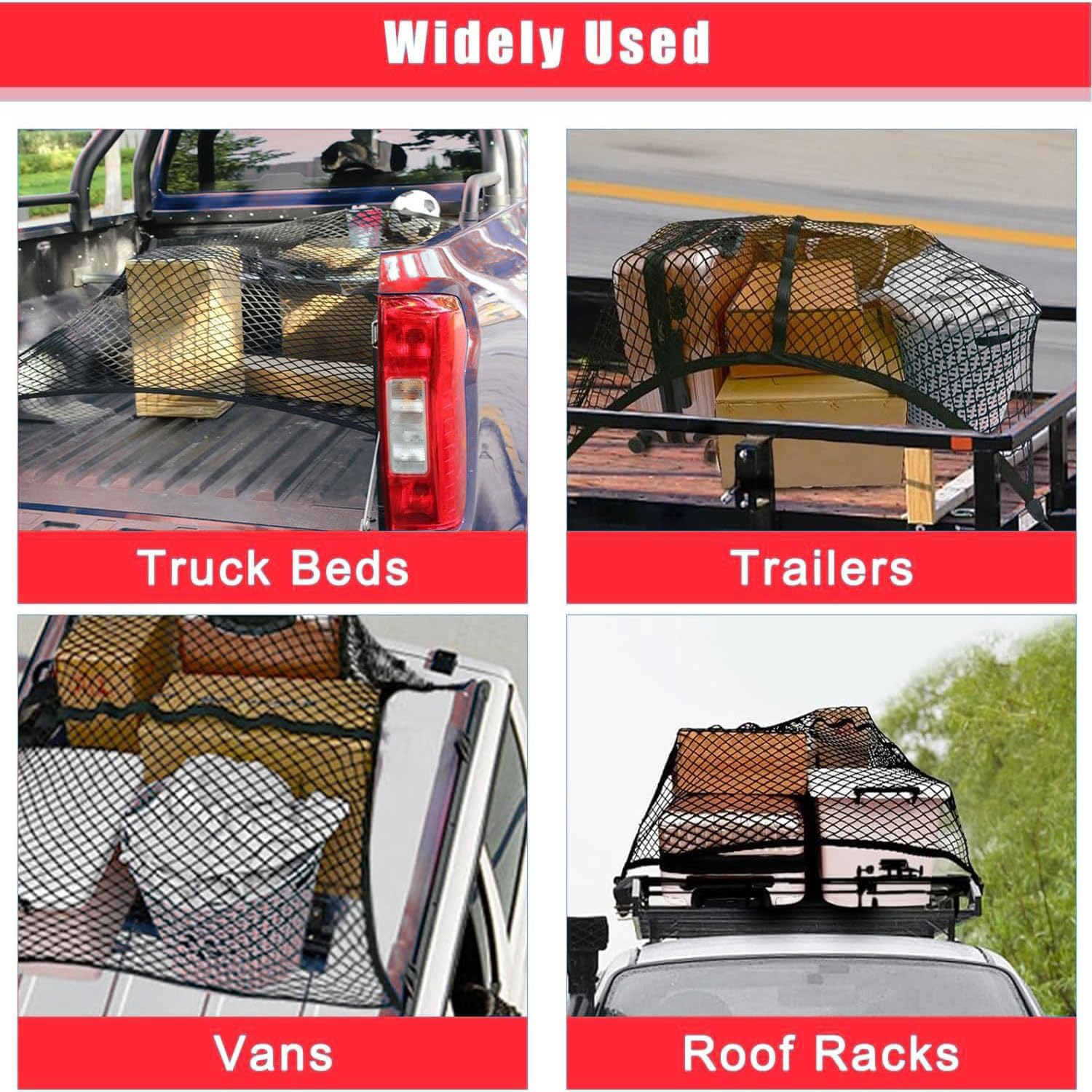 Yqkangzhu Cargo Net for Pickup Truck Bed, Highly Elastic Cargo Net, Truck Bed Cargo Mesh Organizer for Daily Light Loads of SUV ATV UTV Boat, 4'X4' Stretches to 7'X7', with 6 Metal Carabiner and Hook image number 2