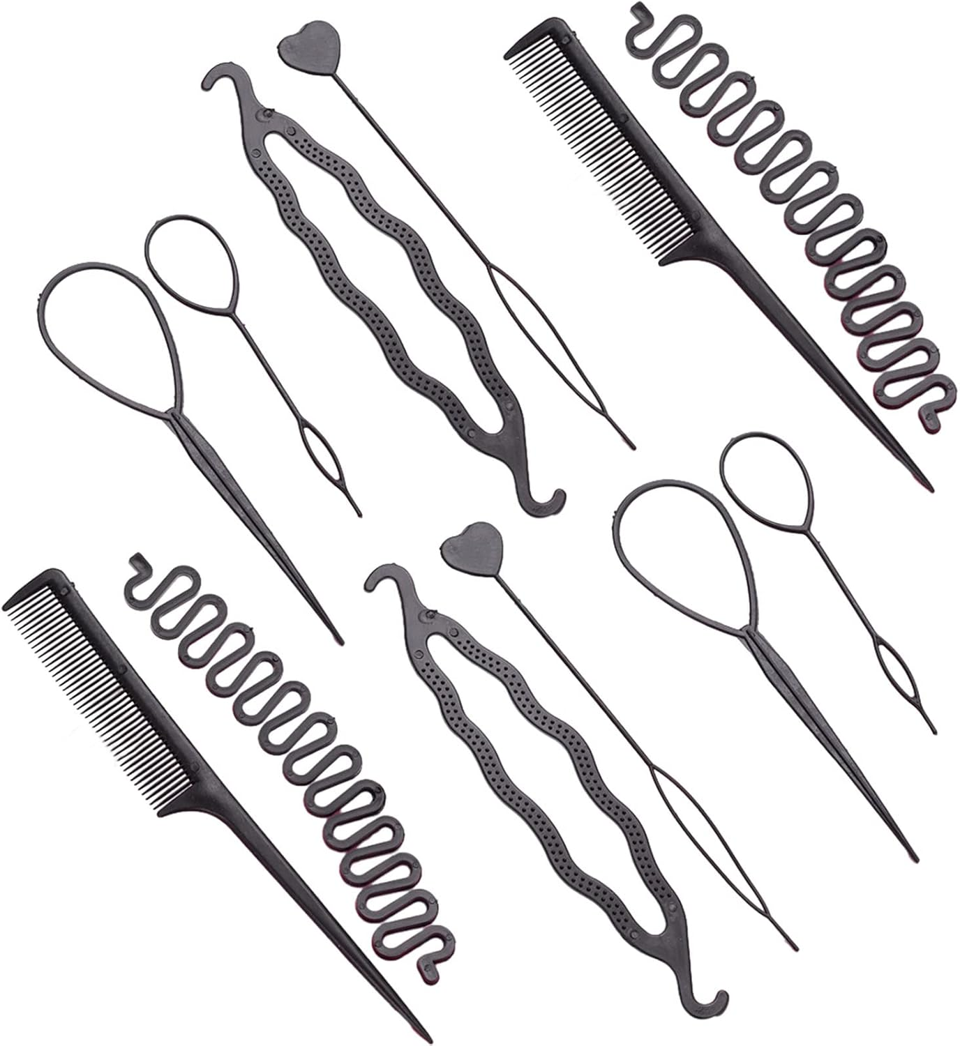 12 Pcs Hair Braiding Tool Set Topsy Tail Hair Tool Black DIY Hair Styling Tools with Rat Tail Comb, Ponytail Loop Hair Bands Remover Cutter Fast Hair Accessories for Hair Braid image number 5