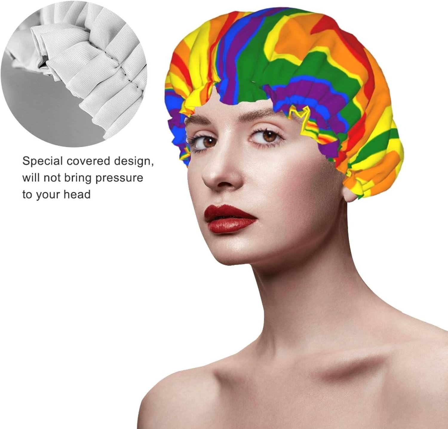 Lgbtq Pride Mouth Rainbow Gay Shower Cap for Women Adjustable Double Waterproof Layers Bathing Bath Cap Hair Protection Reusable Ladies Spa Salon Shower Hat image number 2