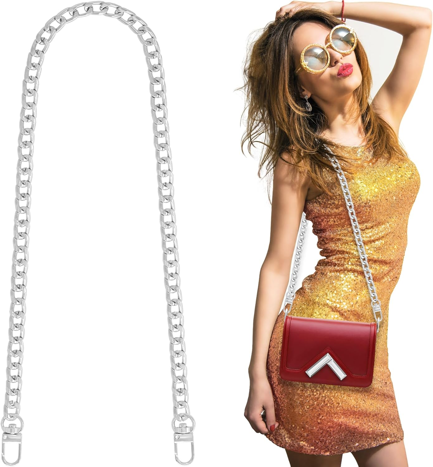 Yuronam 4 Different Sizes Flat Purse Chain Iron Bag Link Chains Shoulder Straps Chains with Metal Buckles Hook for Replacement, DIY Handbags Crafts, 47.2/31.5/15.7/7.9 Inches(Gold)