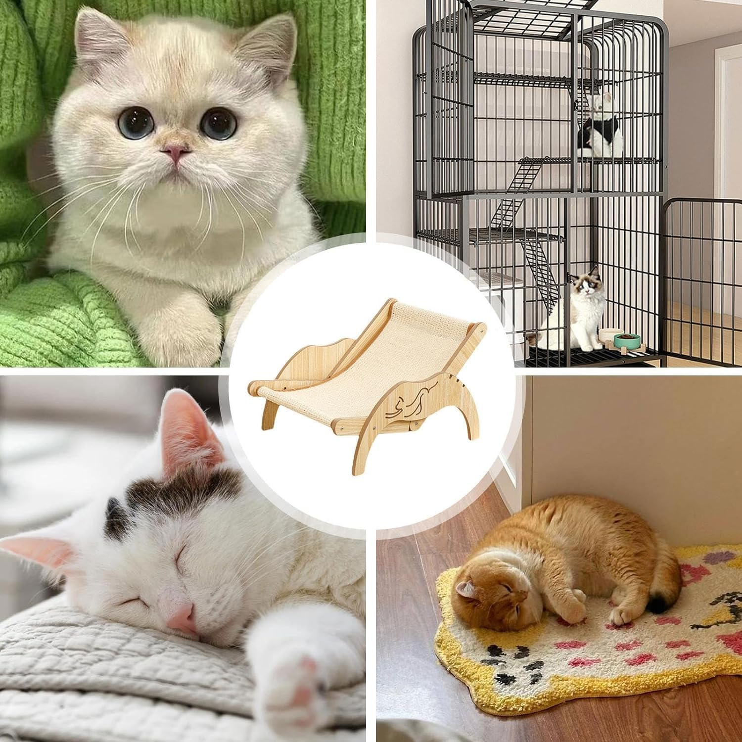 Cat Hammock Bed,Elevated Cat Bed Beach Chair with Sisal Scratcher for Indoor Cats,Adjustable Wooden Cozy Pet Bed for Indoor Cats Dogs Sisal Chair image number 5
