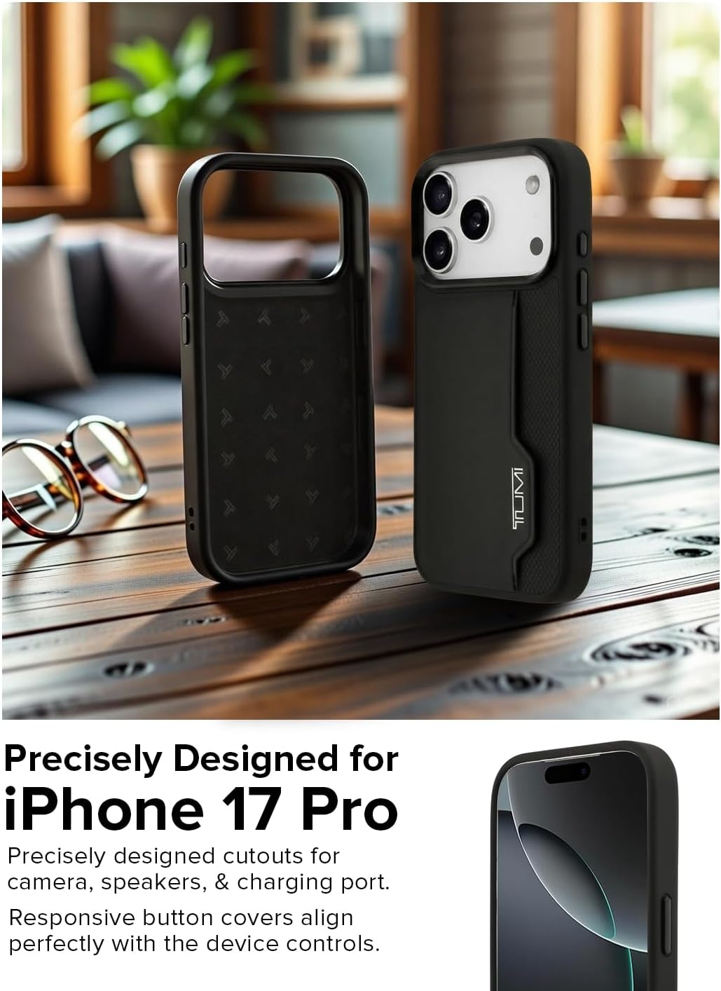 TUMI Iphone 17 PRO Case, Genuine Leather Hard Case with Vertical Card Slots, Perforated Design, Premium Leather, Business Card Holder, Black image number 5