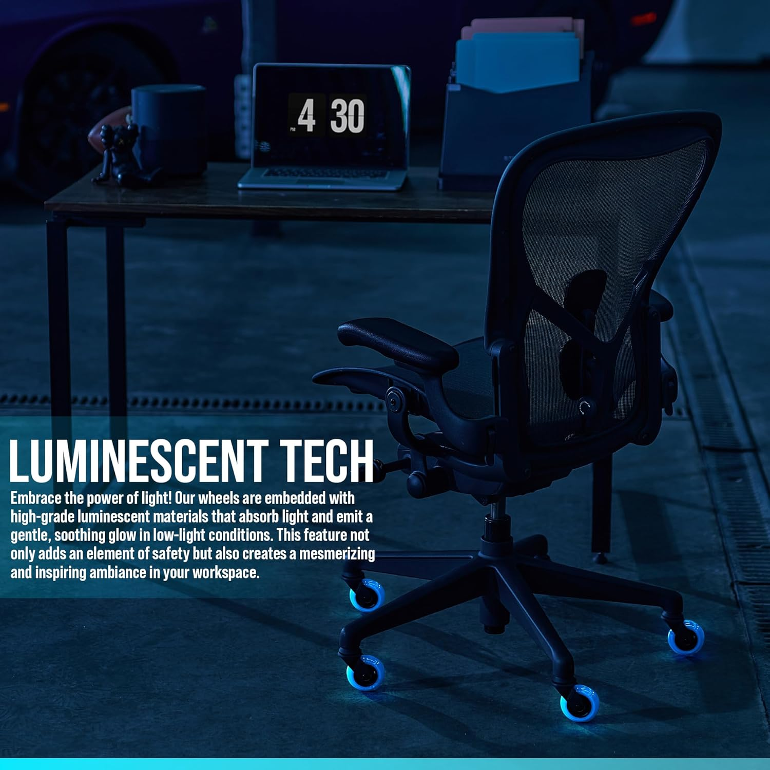 STEALTHO Replacement Office Chair Caster Wheels Set of 5 - Protect Your Floor - Quick & Quiet Rolling over the Cables - No More Chair Mat Needed - Blue Polyurethane - Universal Stem 7/16 Inch image number 1