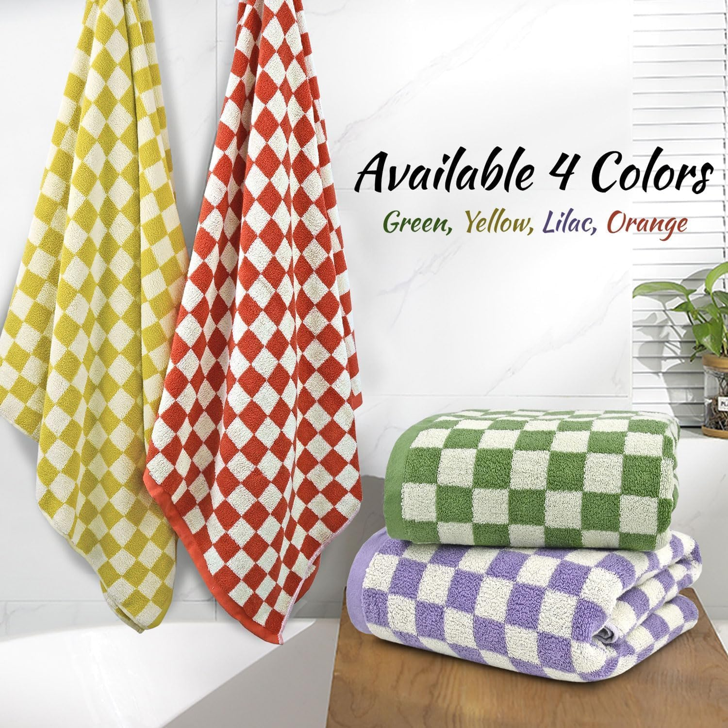 Jacquotha Shower Towels for Bathroom 27.5X55 Inches - Quick Dry Bath Towels Extra Large (2Pack), Cute Towels Checkered Bathroom Towels Set Lilac, 520GSM Absorbent Cotton Towels image number 2