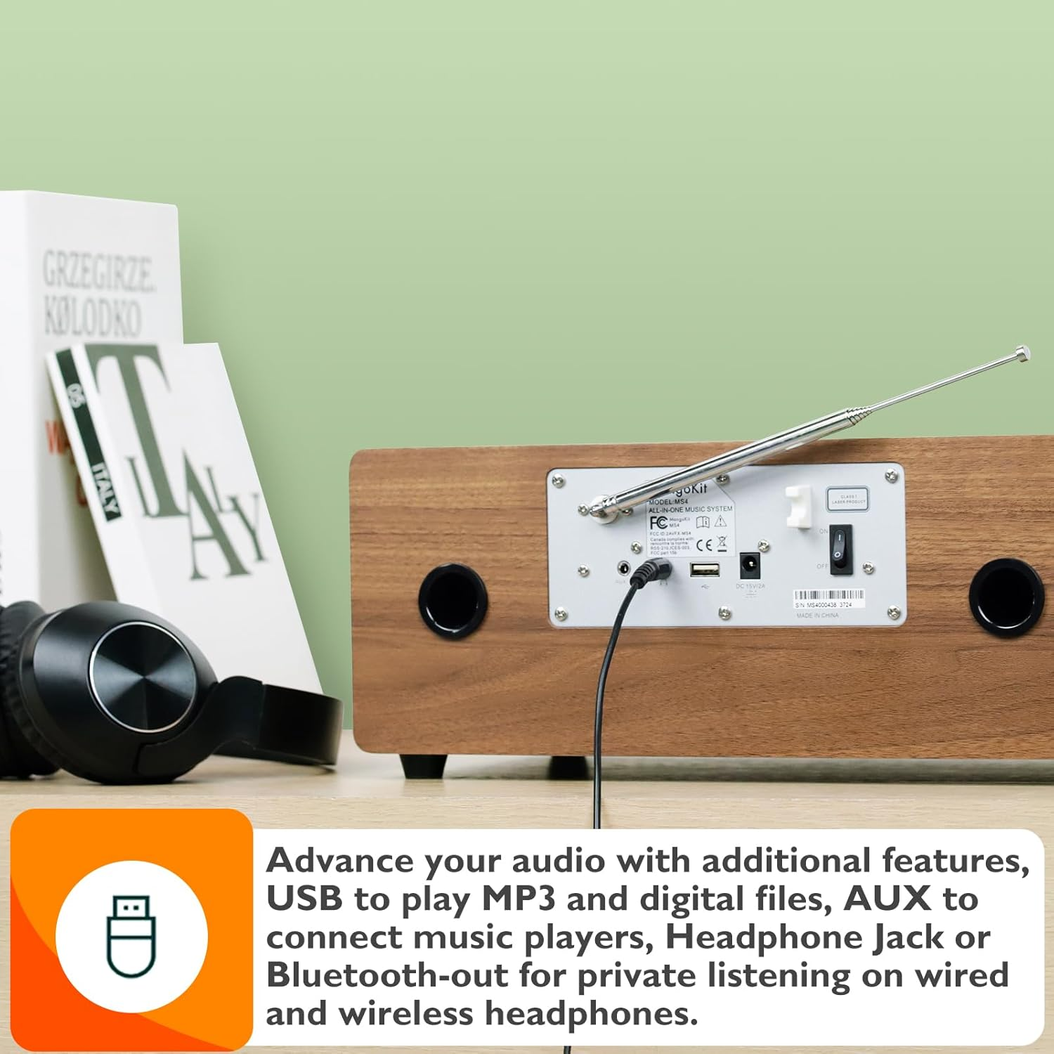 Mangokit MS4 CD Player DAB Radio Hifi System I Bluetooth I Powerful Stereo System I Digital Radio Dab+Iacoustic Wood Cabinet I CD Player with Speakers 100W I 40 Presets,Headphone Jack I Walnut Finish