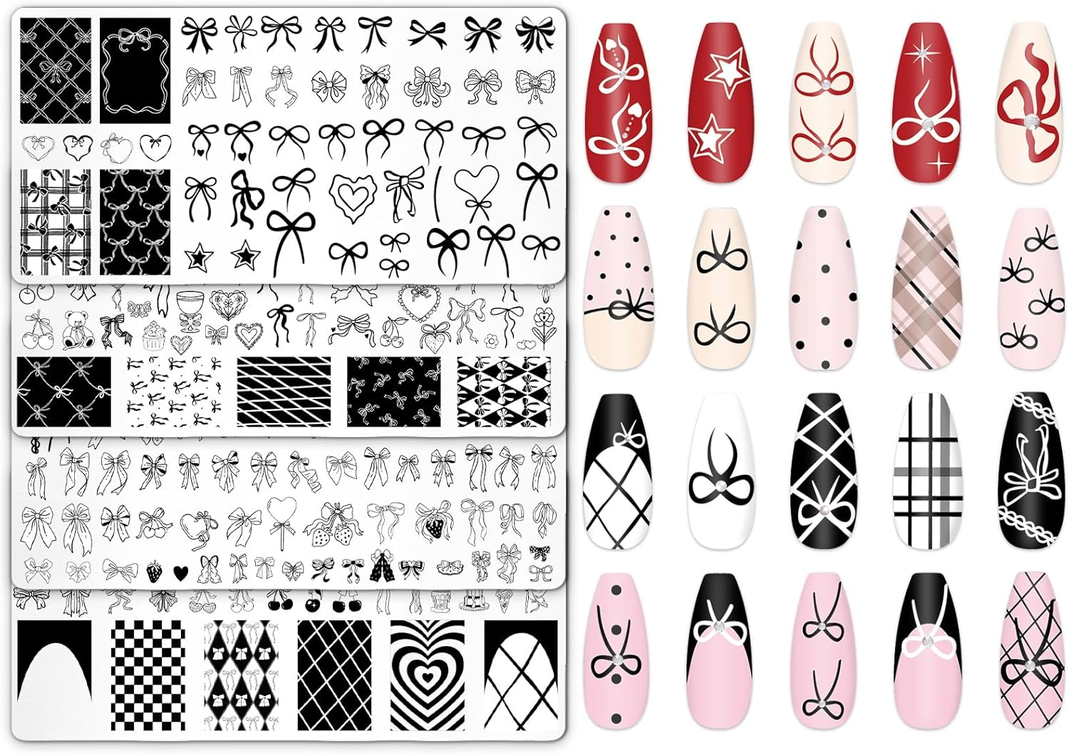 Jarthenaamcs 4Pcs Bow Nail Plates Stamping Set Heart Bear Bowknot Stamp Templates Nail Art Plates for Coquette DIY Print Manicure Salon Design image number 4