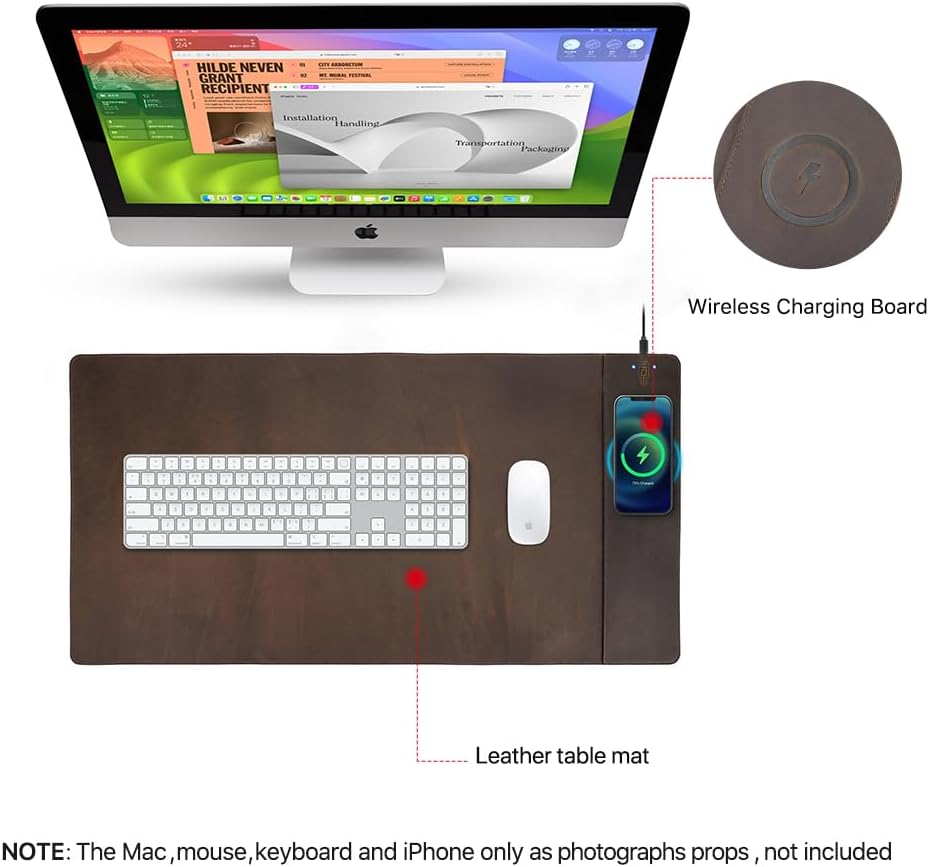 Contacts Top Grain Leather Wireless Charging Desk Mat with 15W Wireless Charger Type C Chargering Port Computer Desk Pad Large Mouse Pad 80X40 Cm image number 5