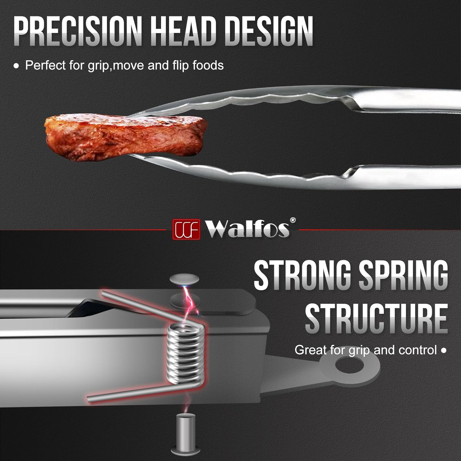 Walfos Stainless Steel Tongs, 3-Piece Set (7", 9", 12") - Heavy Duty, Heat Resistant, Non-Slip Grip, BBQ Grilling & Cooking Tongs image number 6