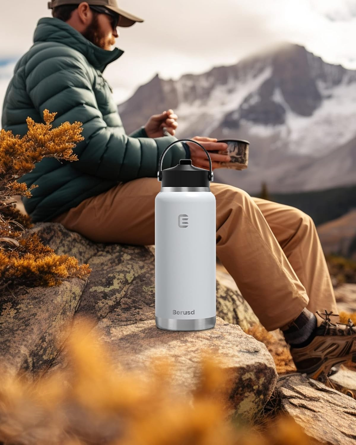 Berusd 1L Insulated Water Bottle, Leak Proof Straw Lid, Stainless Steel Vacuum Insulated Water Bottle, Wide Mouth Bottle with Flex Cap, Double Walled Travel Cup Thermo Bottle Mug Drink Flasks, White image number 6