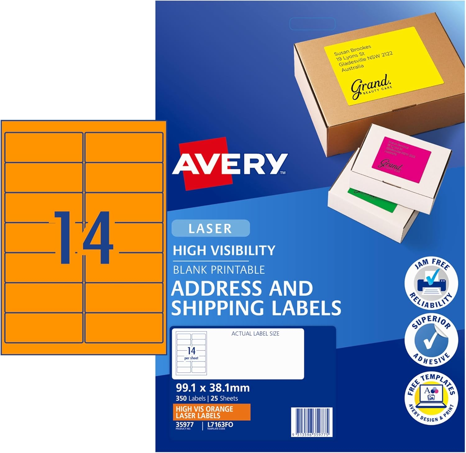 Avery Fluoro Orange High Visibility Shipping Labels for Laser Printers, 99.1 X 67.7 Mm, 200 Labels (36103 / L7165FO)