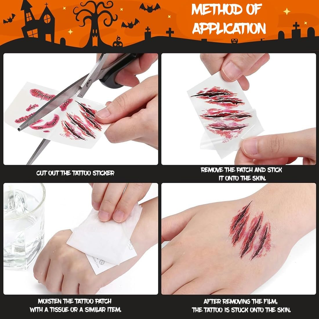 Halloween Tattoo Scars, 60 Sheets Tattoo Wounds Face Scars Realistic Motifs, Vampire Costume Women'S Make-Up Accessories, Halloween Fake Wounds Sticking for Carnival Halloween Make-Up