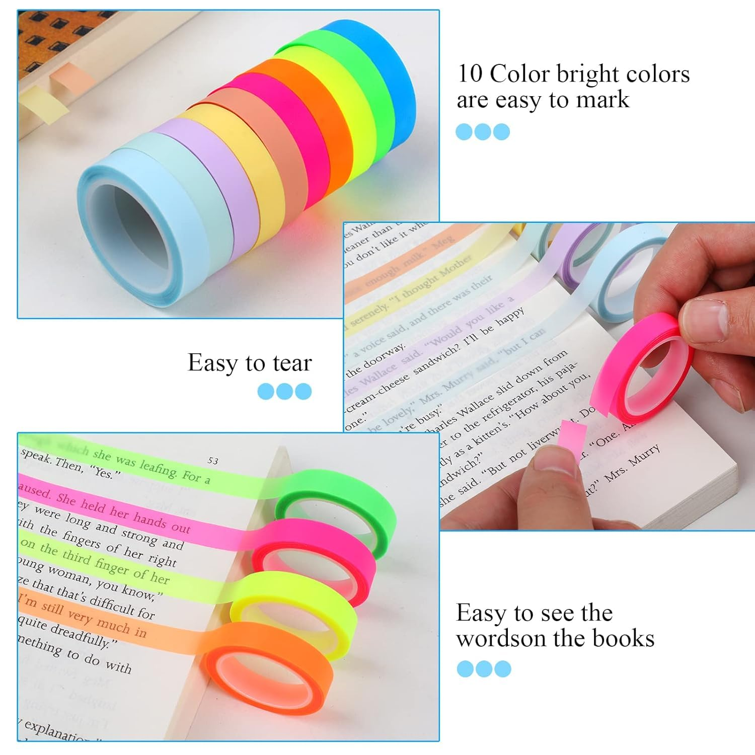 10 Rolls Highlighter Tapes,Transparent Marking Sticker Removable Fluorescent Colored Tags for Reading Class,Coloured Transparent Adhesive Tape for School Office Home(0.8Cm* 5M) image number 5