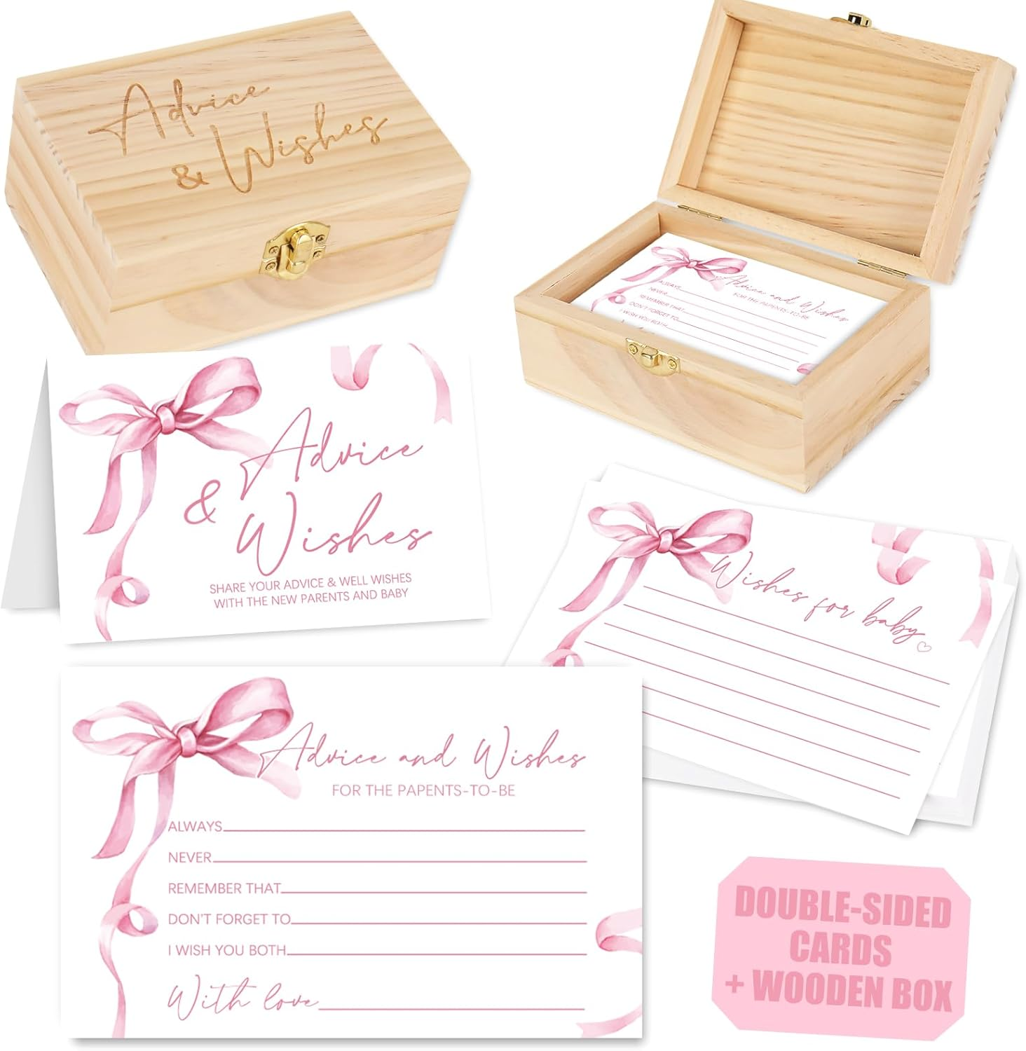 50Pcs Baby Shower Advice Cards Double-Sided Pink Bow Advice and Wish Cards with Wood Box for New Parents Baby Shower Gender Reveal Supplies image number 3