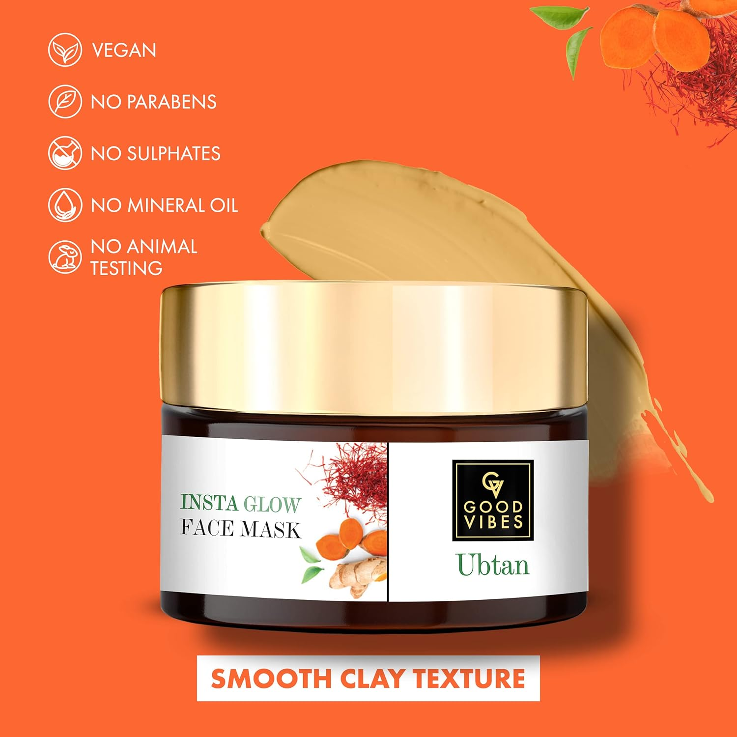 Good Vibes Ubtan Insta Glow Face Mask, 50 G | Brightening, Cleansing, Smoothening Face Pack for All Skin Types | with Turmeric, Saffron, Sunflower Seed Oil | No Parabens, Sulphates & Mineral Oil image number 3